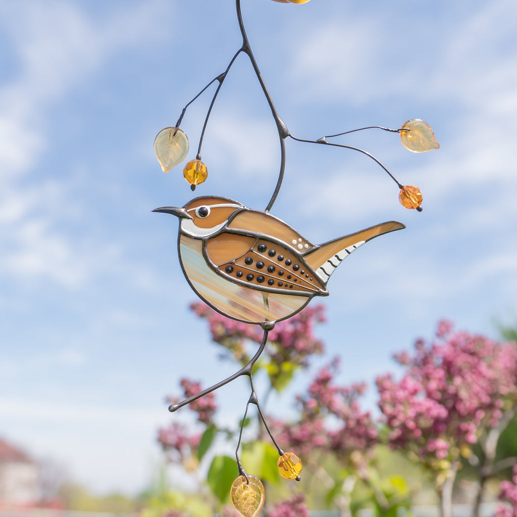 Carolina Wren stained glass bird suncatcher Mother in law gifts Custom stained glass window hangings House warming gifts new home