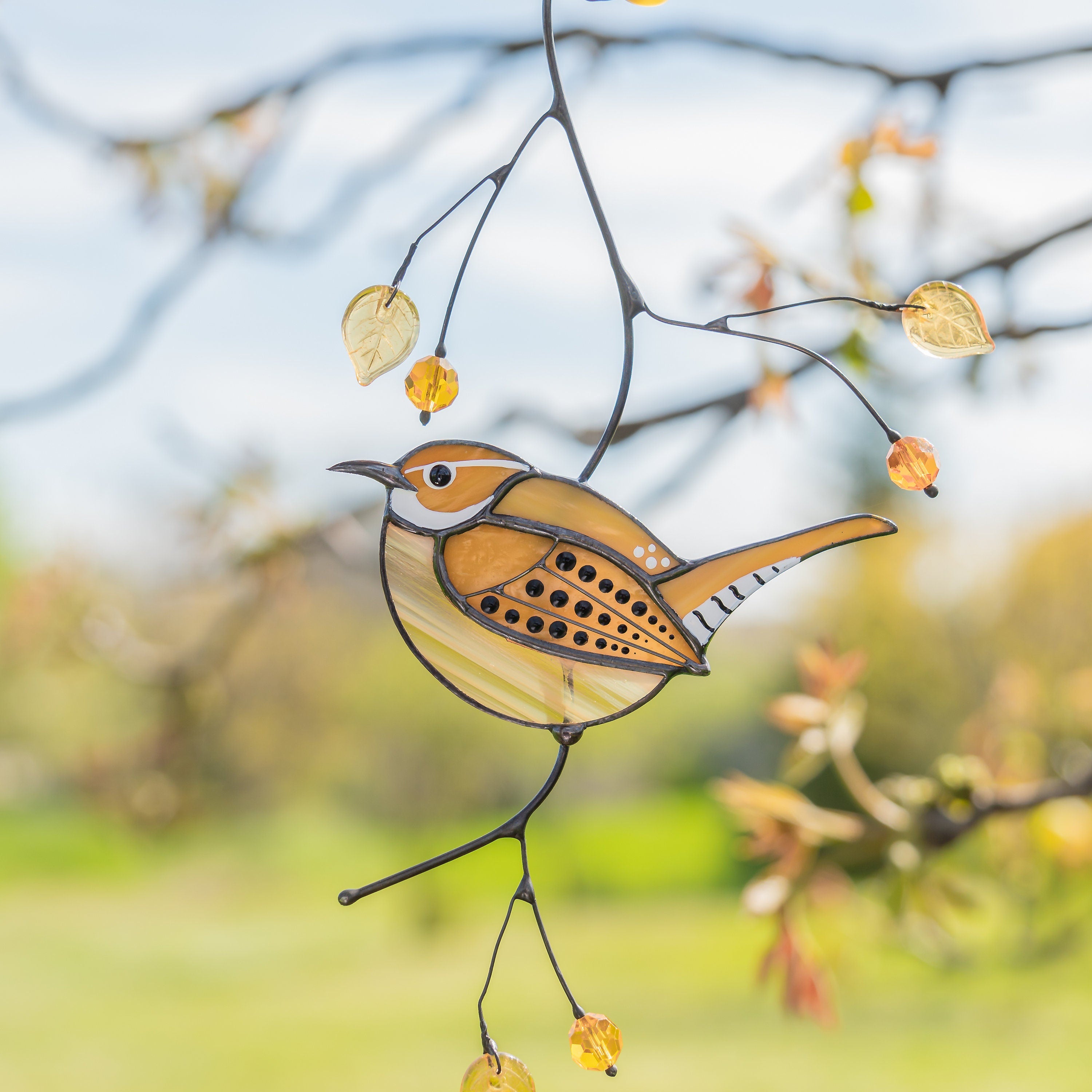 Carolina Wren stained glass bird suncatcher Mother in law gifts Custom stained glass window hangings House warming gifts new home