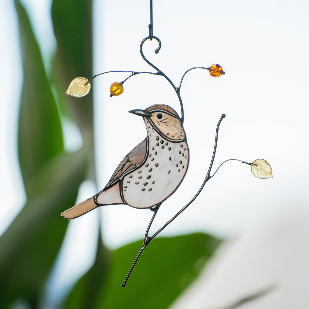 Bird artwork stained glass window hangings Wood Thrush Unique gift for mom Stained glass suncatcher Custom stained glass art