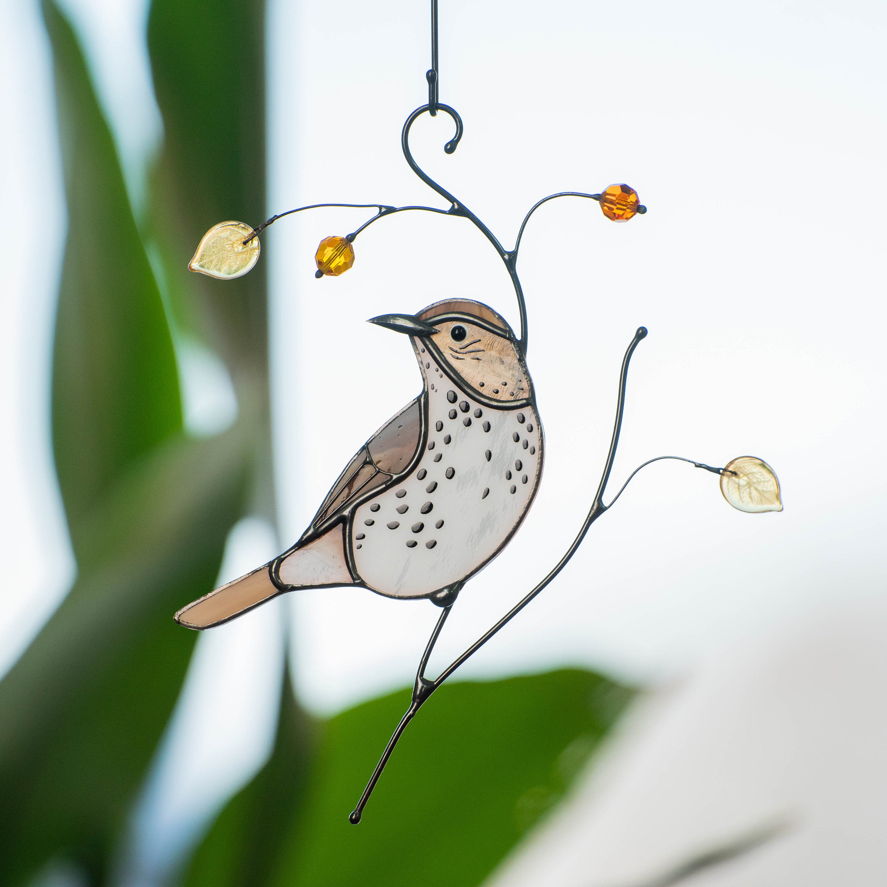 Bird artwork stained glass window hangings Wood Thrush Unique gift for mom Stained glass suncatcher Custom stained glass art