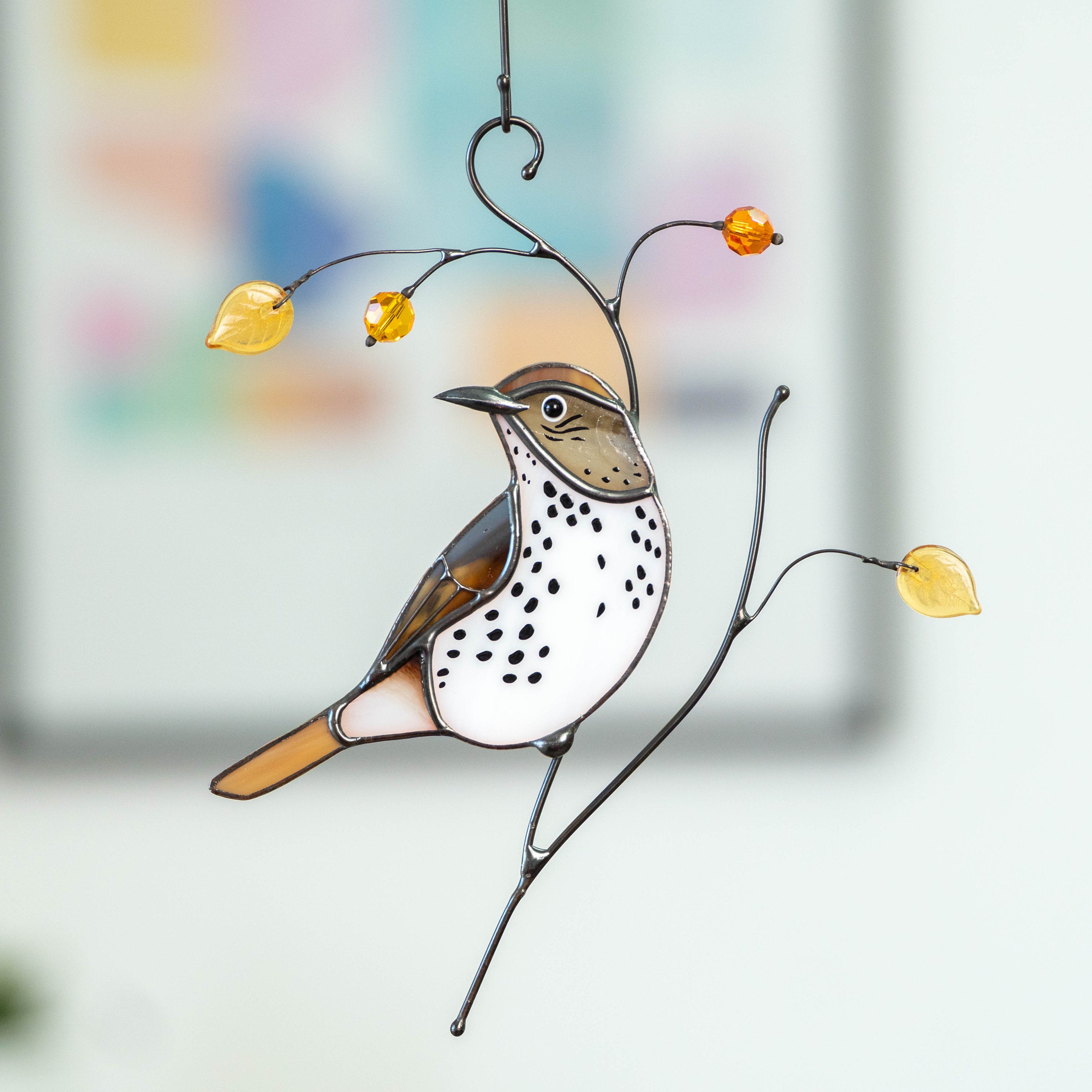 Bird artwork stained glass window hangings Wood Thrush Unique gift for mom Stained glass suncatcher Custom stained glass art