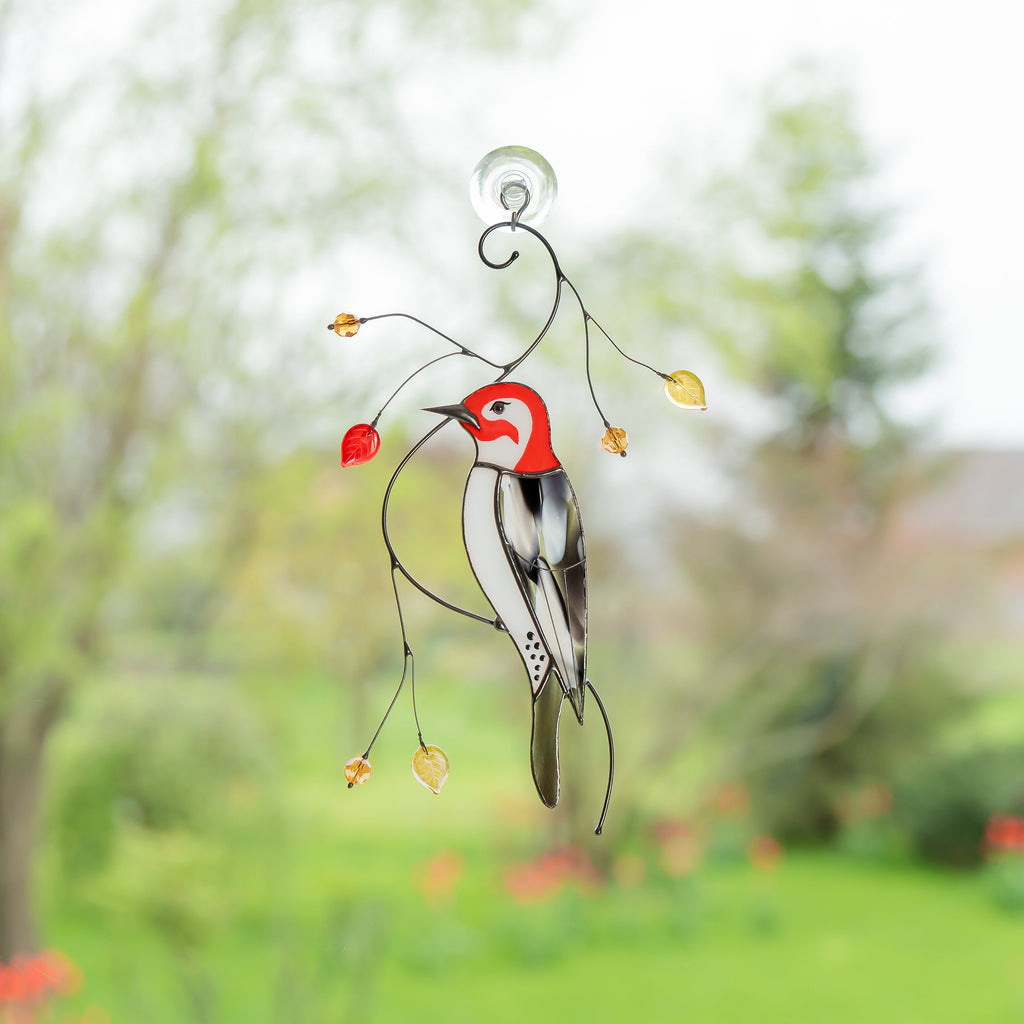 Woodpecker stained glass suncatcher Best dad gift Stained glass grandma ornament window hangings Front porch decor Garden ornaments