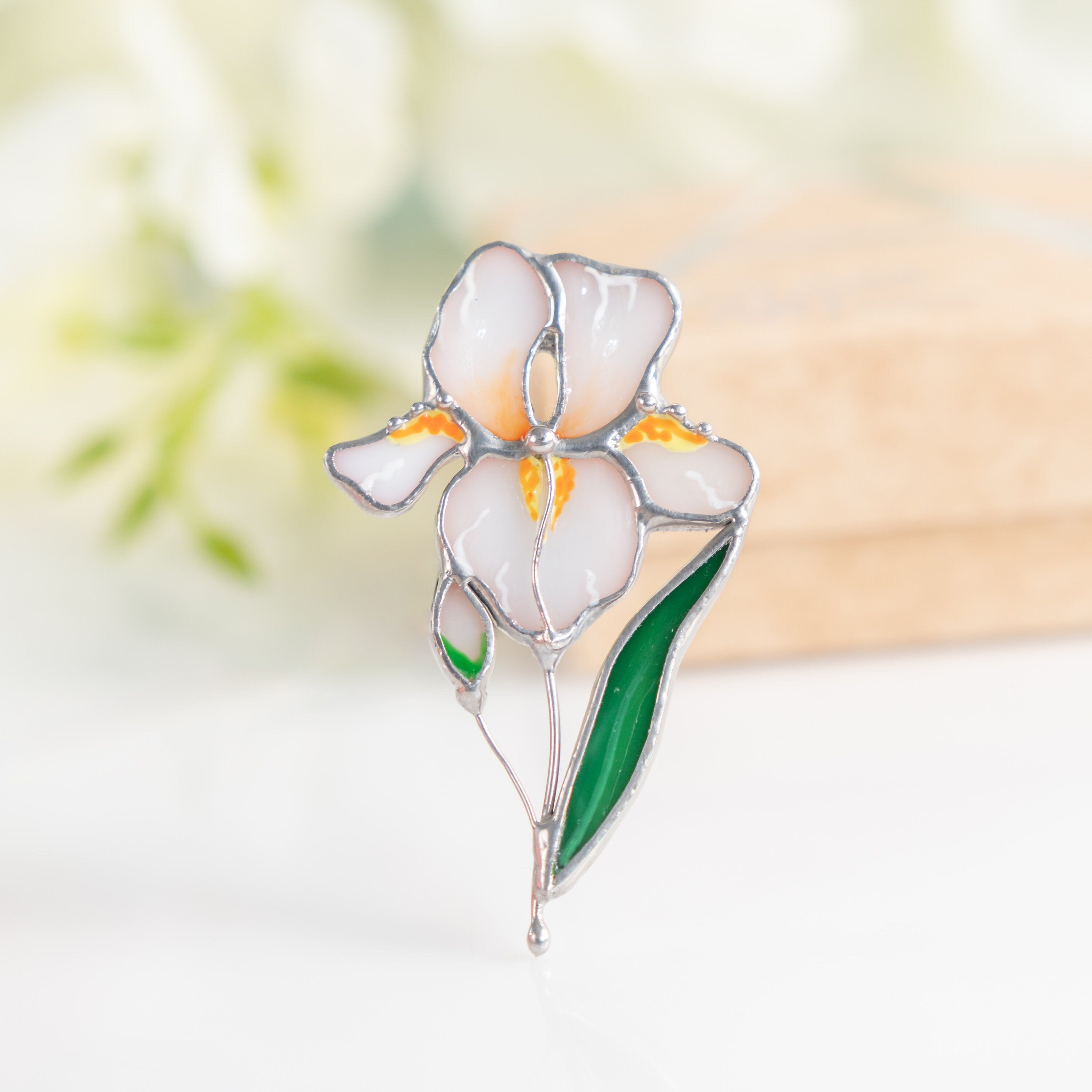 Iris stained glass brooch Godmother gift White floral jewelry