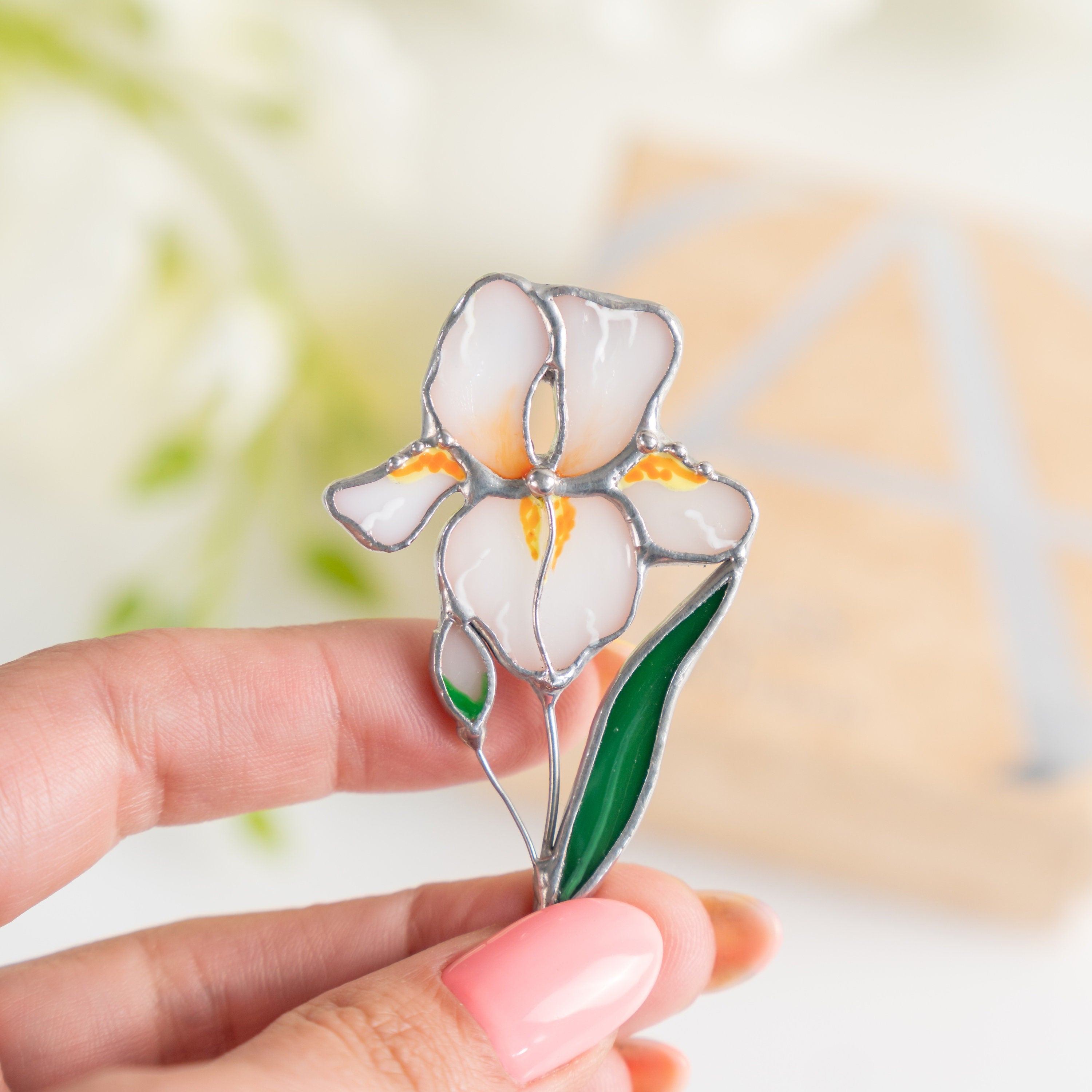 Iris stained glass brooch Godmother gift White floral jewelry