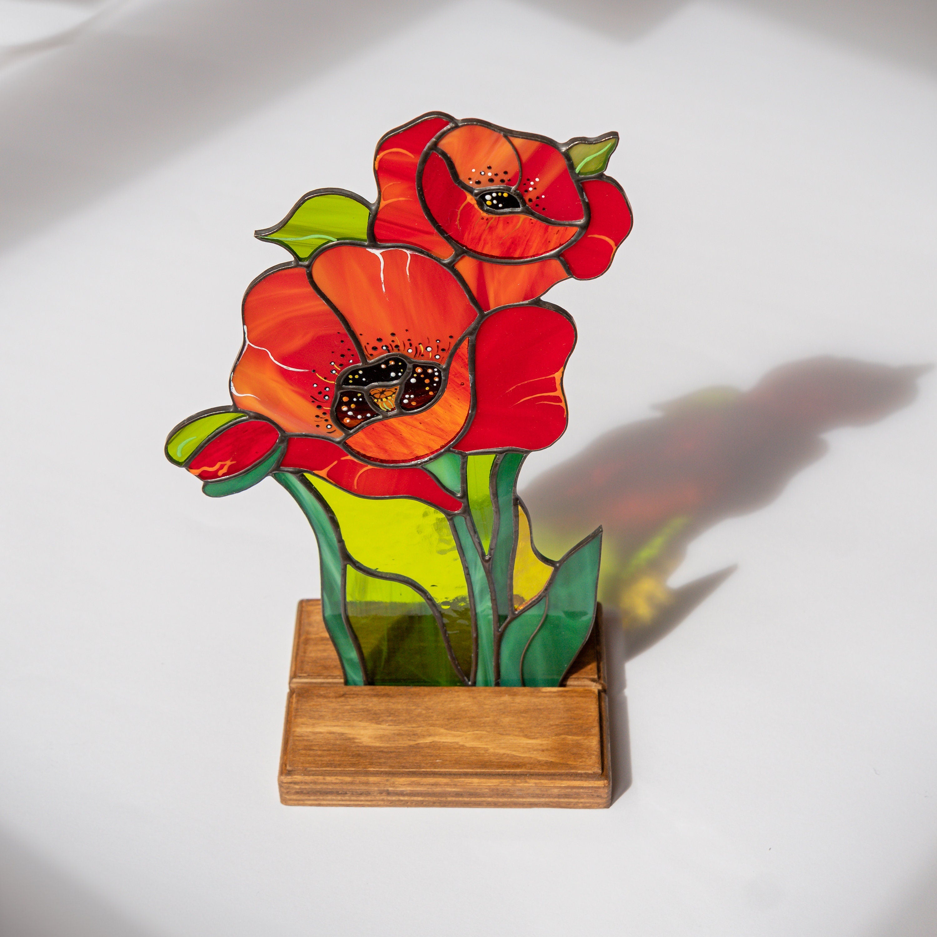 Stained glass poppy Mother in law gifts Cute desk accessories Custom stained glass flower panel Poppy wall art Stained glass plant