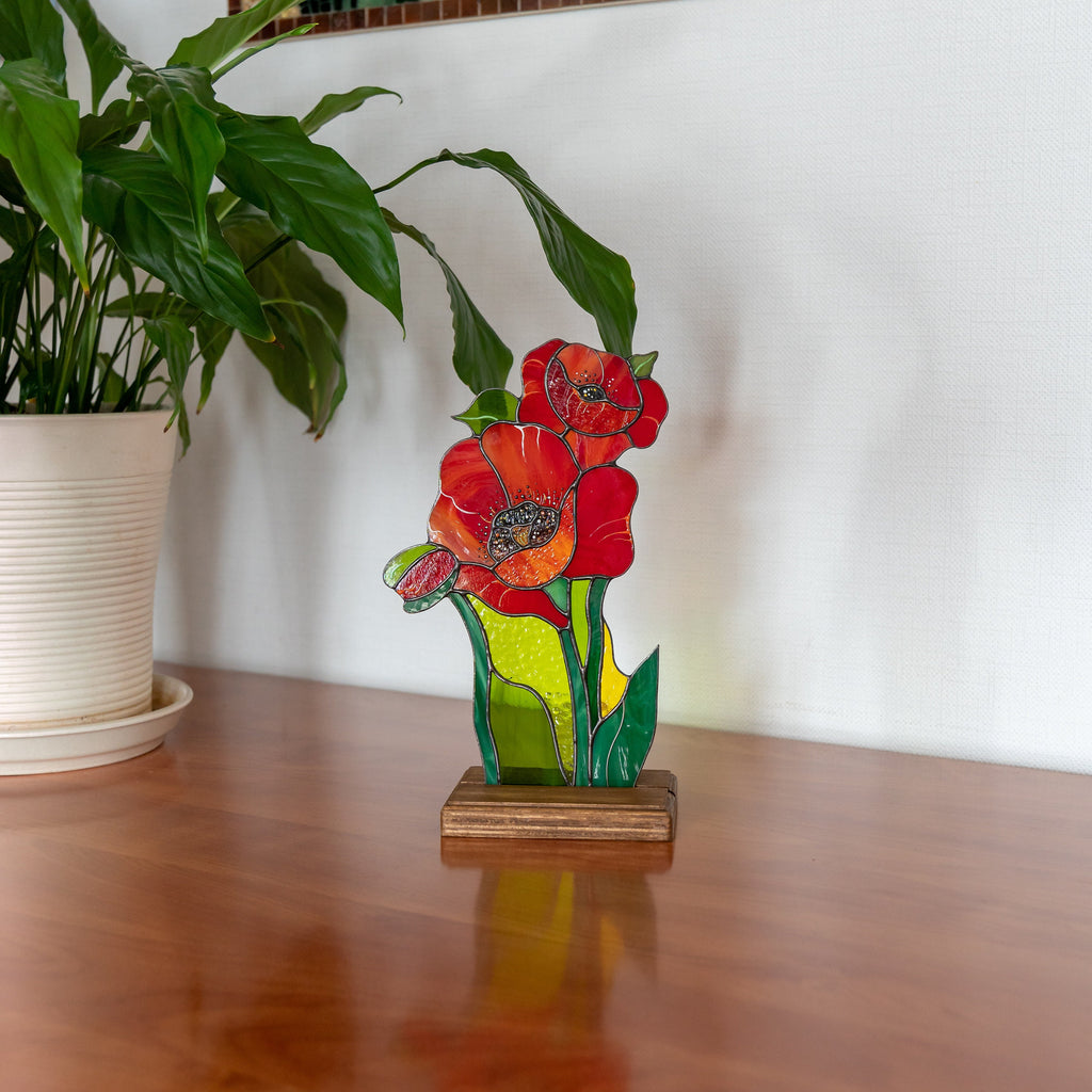 Stained glass poppy Mother in law gifts Cute desk accessories Custom stained glass flower panel Poppy wall art Stained glass plant