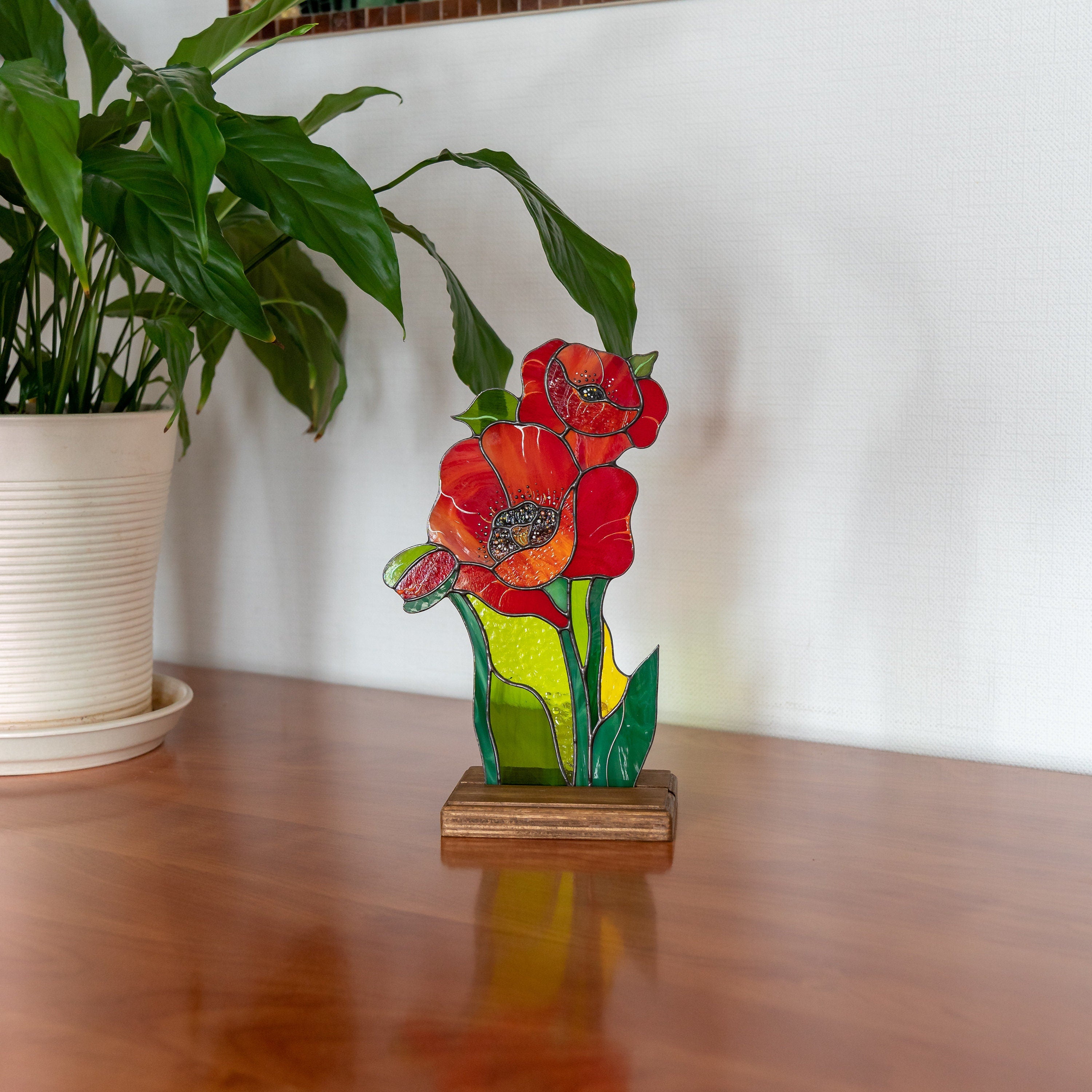 Stained glass poppy Mother in law gifts Cute desk accessories Custom stained glass flower panel Poppy wall art Stained glass plant