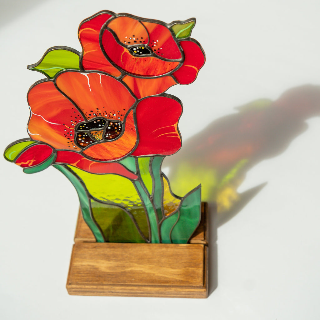 Stained glass poppy Mother in law gifts Cute desk accessories Custom stained glass flower panel Poppy wall art Stained glass plant