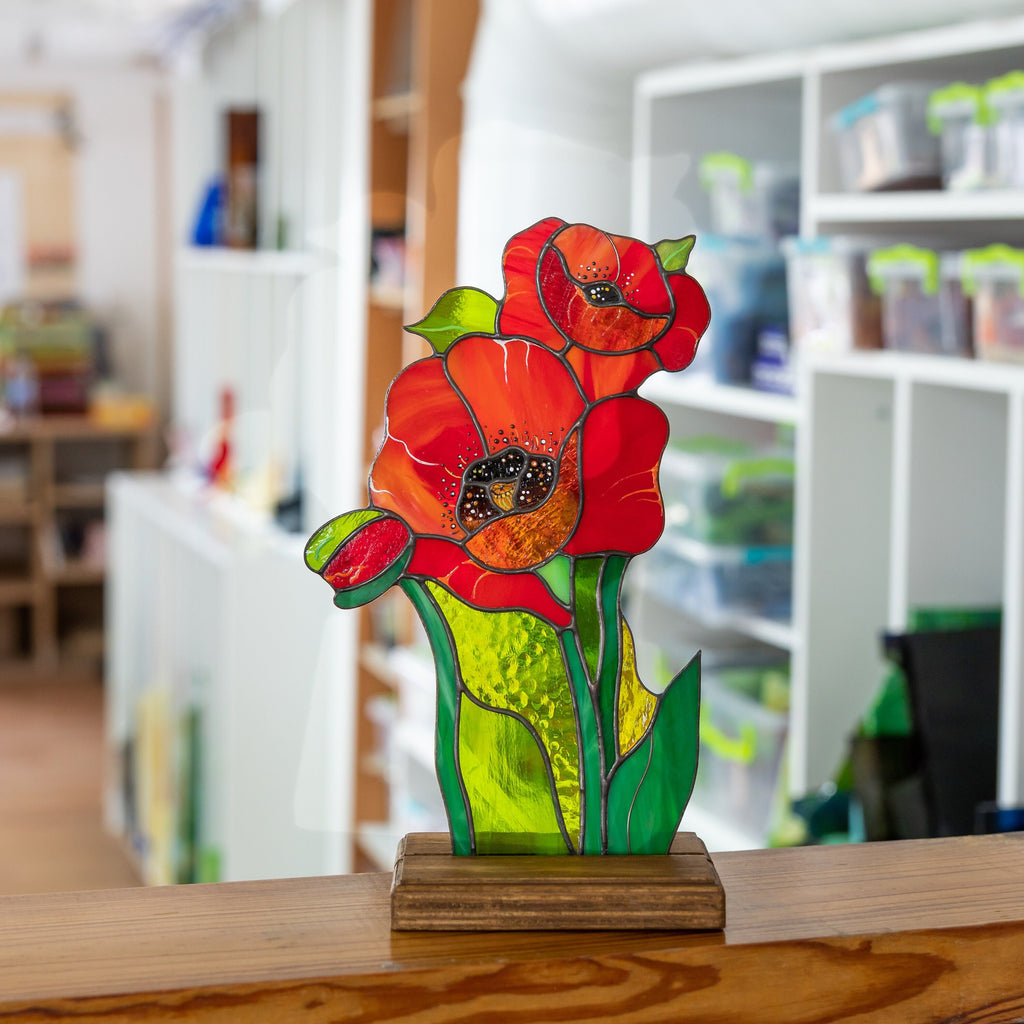 Stained glass poppy Mother in law gifts Cute desk accessories Custom stained glass flower panel Poppy wall art Stained glass plant