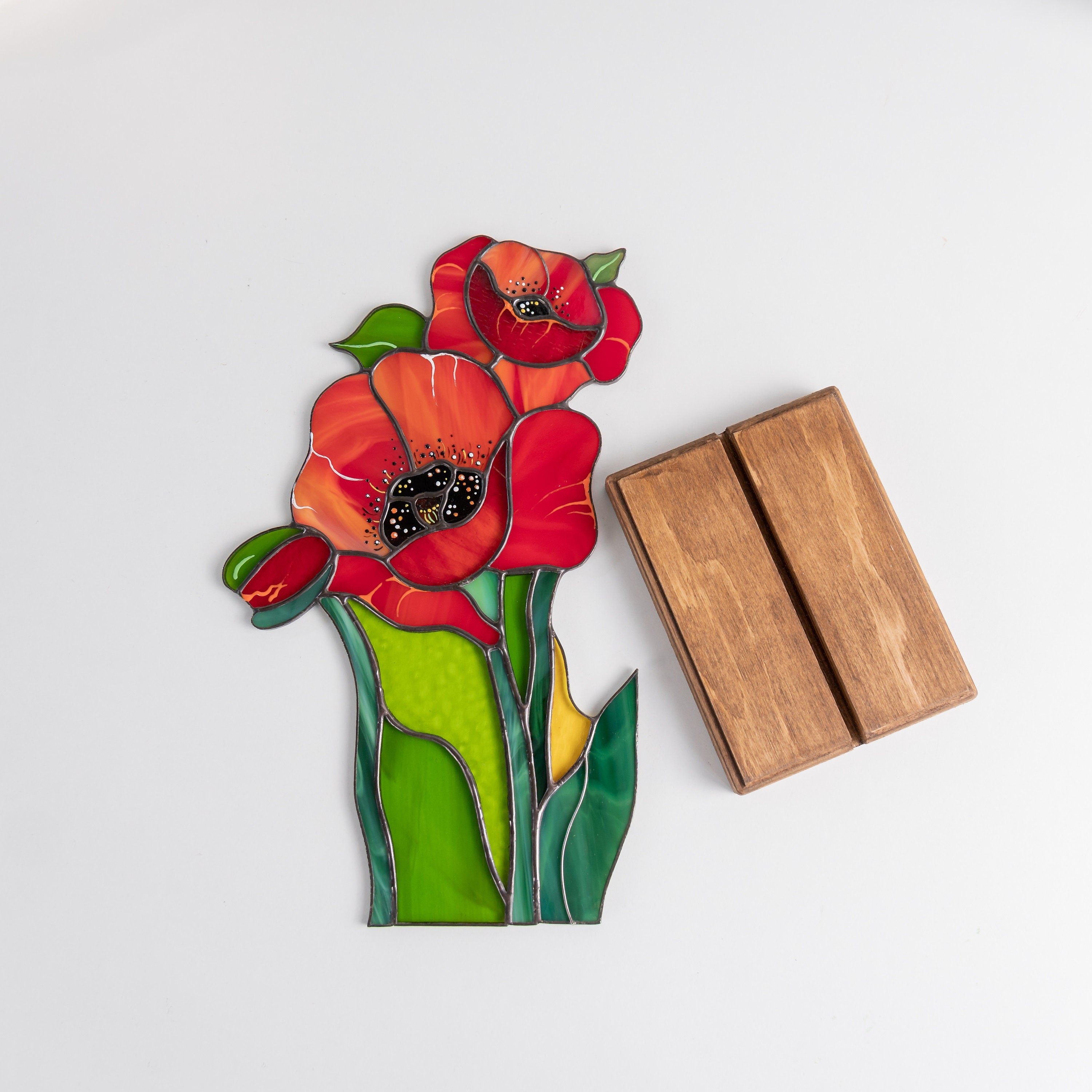 Stained glass poppy Mother in law gifts Cute desk accessories Custom stained glass flower panel Poppy wall art Stained glass plant