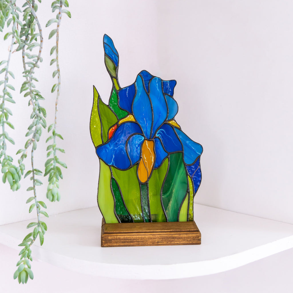 Iris stained glass plant New mom gift Office desk accessories for women Thank you gift Custom stained glass flower panel Iris plants