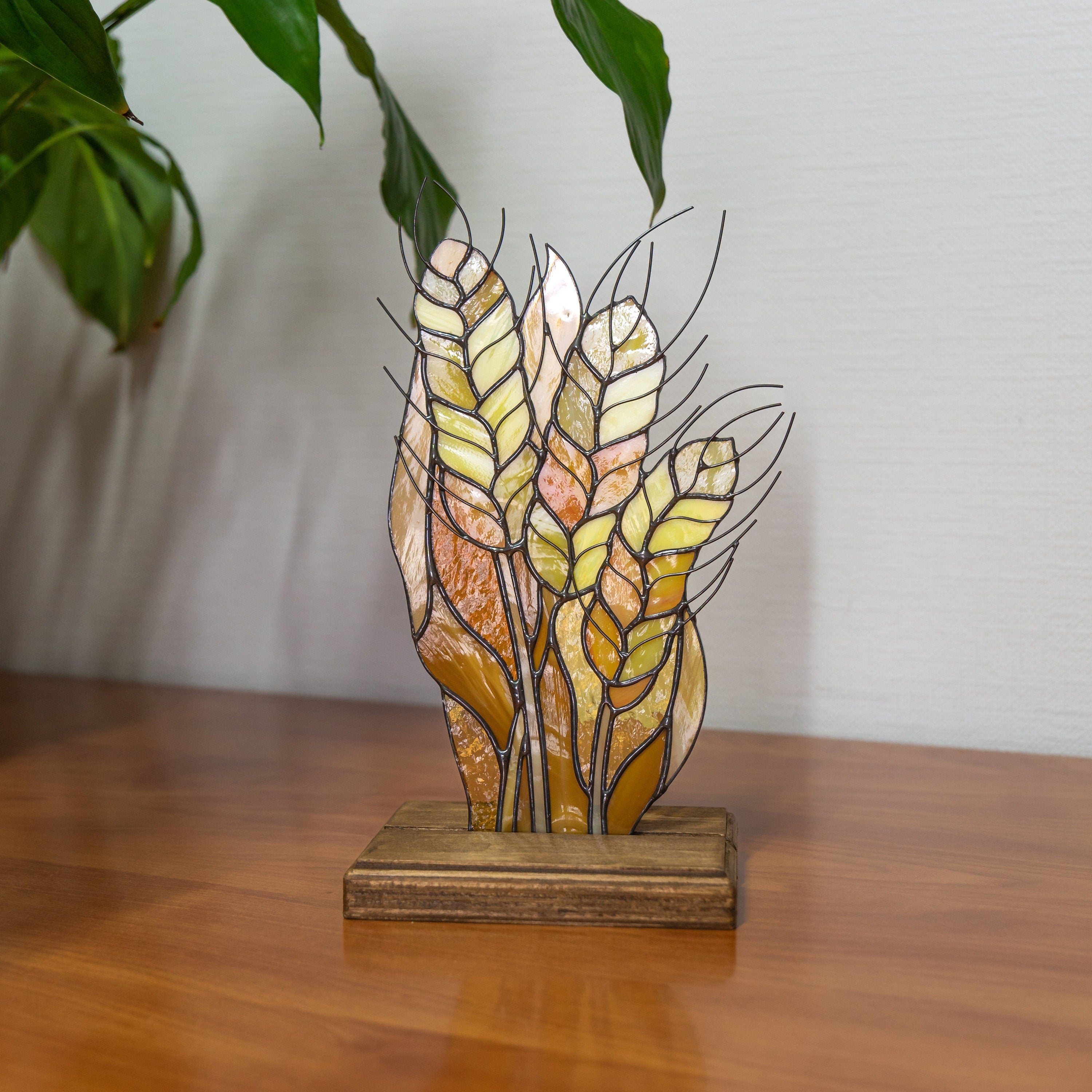 Dried wheat stained glass plant Godfather gift Wood desk accessories Custom stained glass flower panel Ukraine sellers