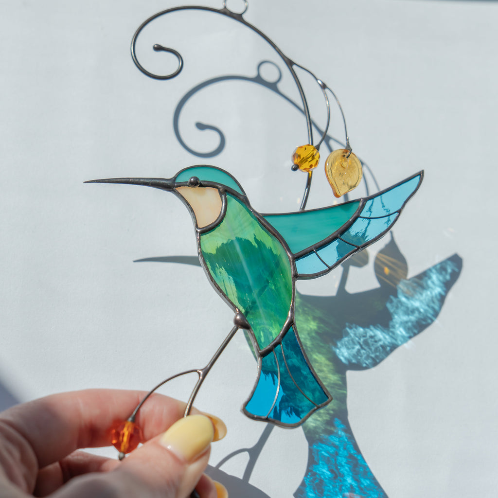 Hummingbird suncatcher Stained glass window hangings Grandparent gifts Custom stained glass bird Handmade product Mom suncatcher
