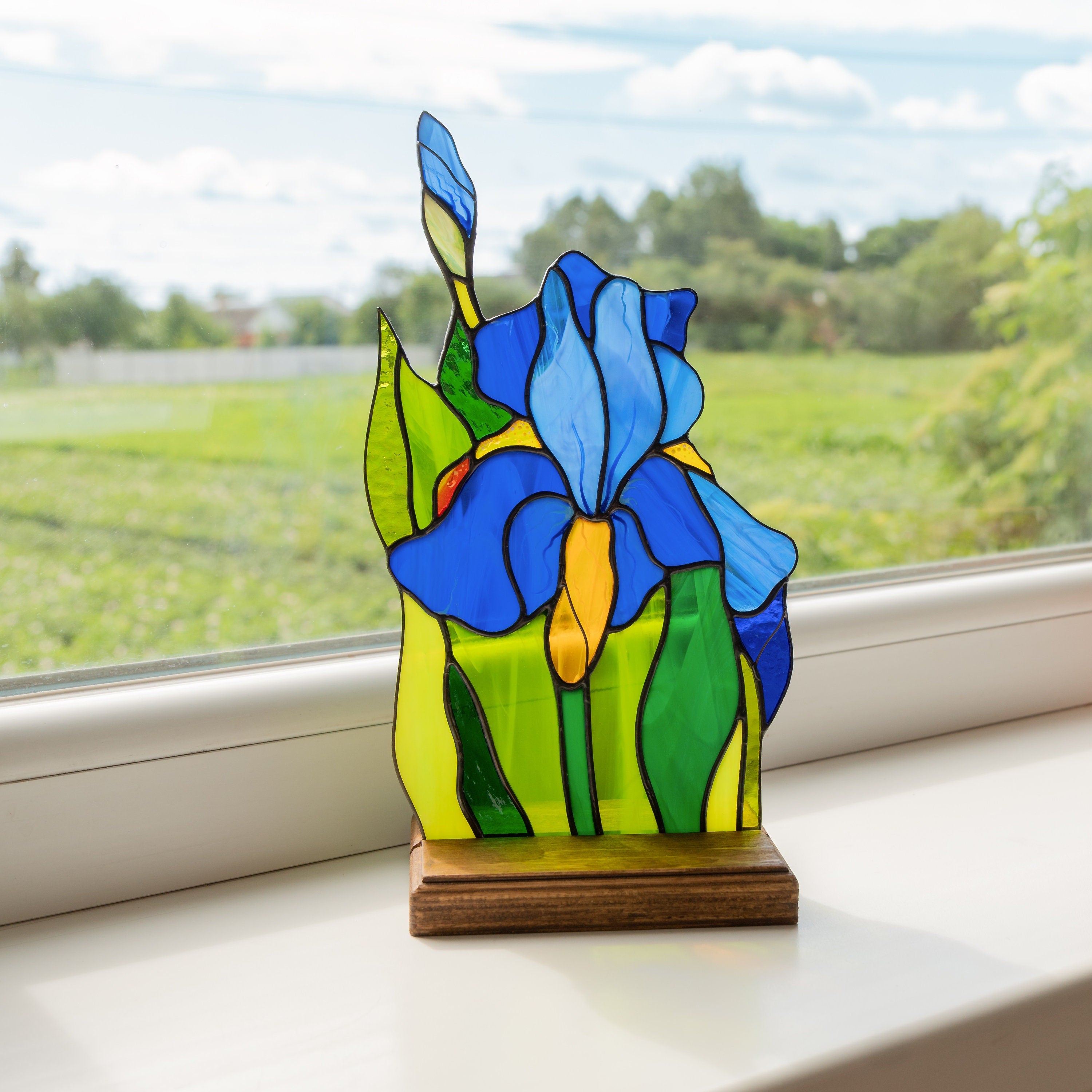 Iris stained glass plant New mom gift Office desk accessories for women Thank you gift Custom stained glass flower panel Iris plants