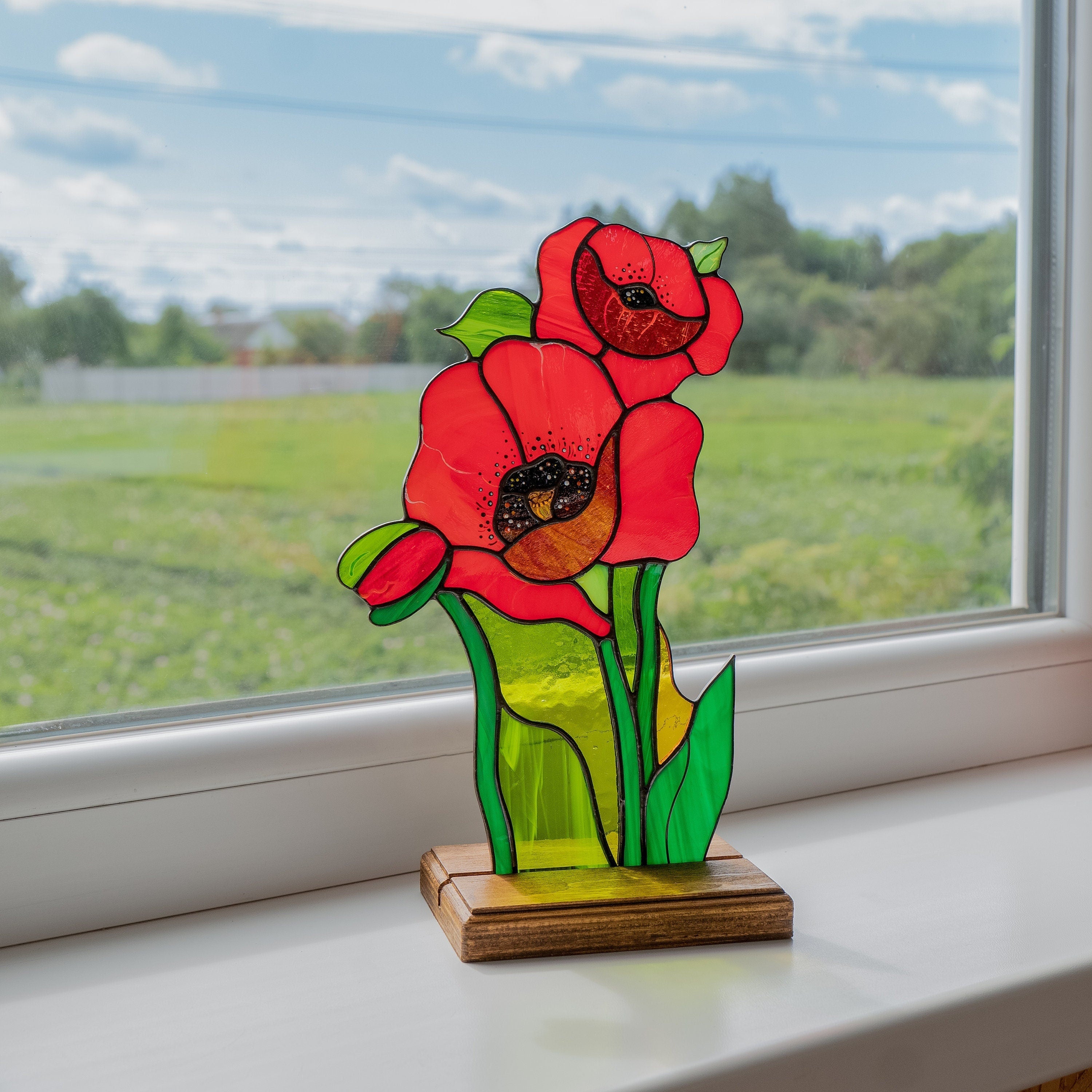 Stained glass poppy Mother in law gifts Cute desk accessories Custom stained glass flower panel Poppy wall art Stained glass plant