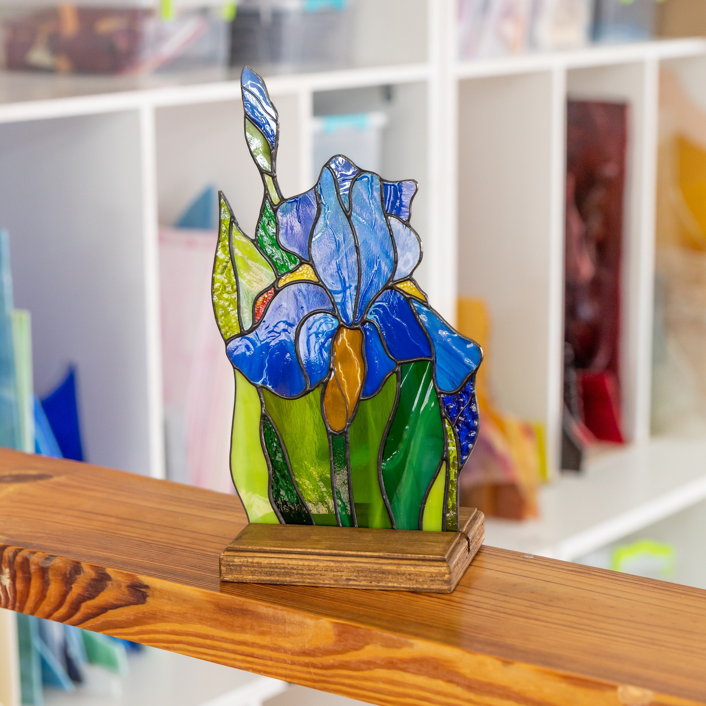 Iris stained glass plant New mom gift Office desk accessories for women Thank you gift Custom stained glass flower panel Iris plants