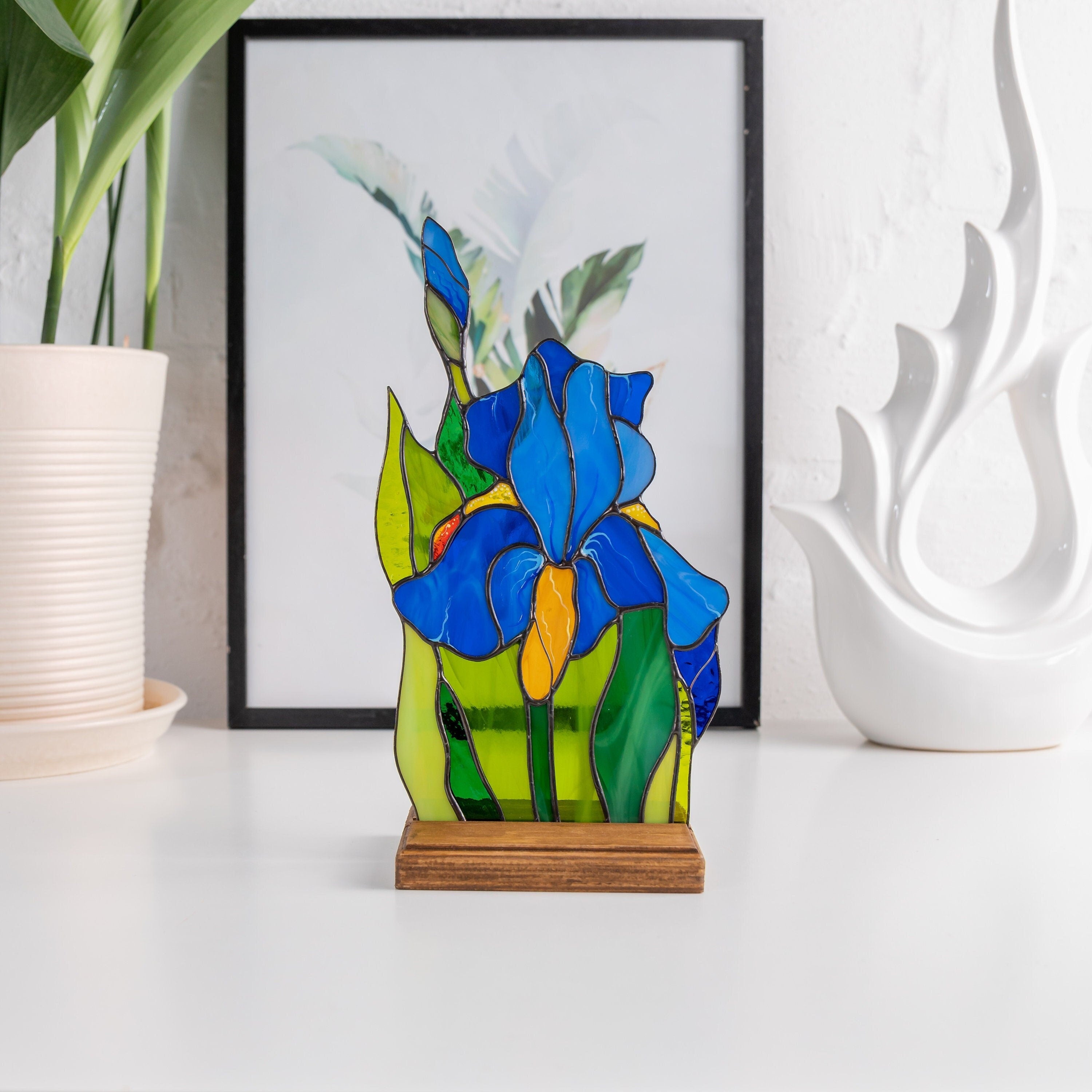 Iris stained glass plant New mom gift Office desk accessories for women Thank you gift Custom stained glass flower panel Iris plants