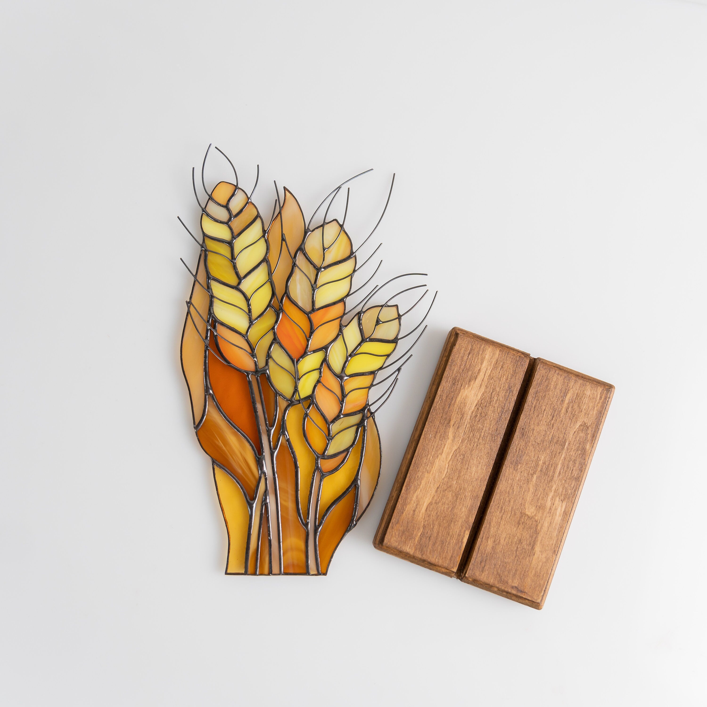 Dried wheat stained glass plant Godfather gift Wood desk accessories Custom stained glass flower panel Ukraine sellers