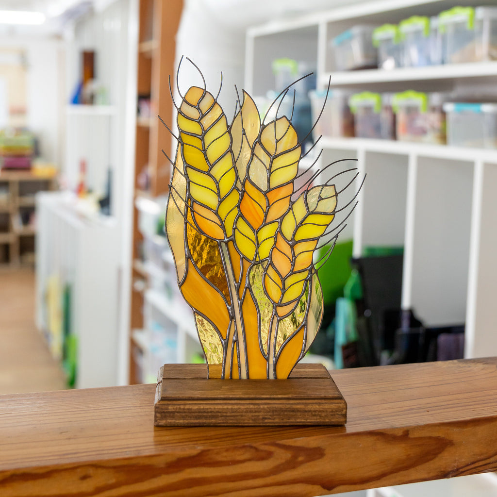 Dried wheat stained glass plant Godfather gift Wood desk accessories Custom stained glass flower panel Ukraine sellers