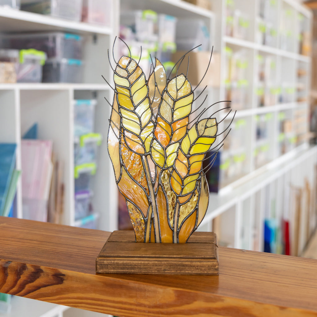 Dried wheat stained glass plant Godfather gift Wood desk accessories Custom stained glass flower panel Ukraine sellers