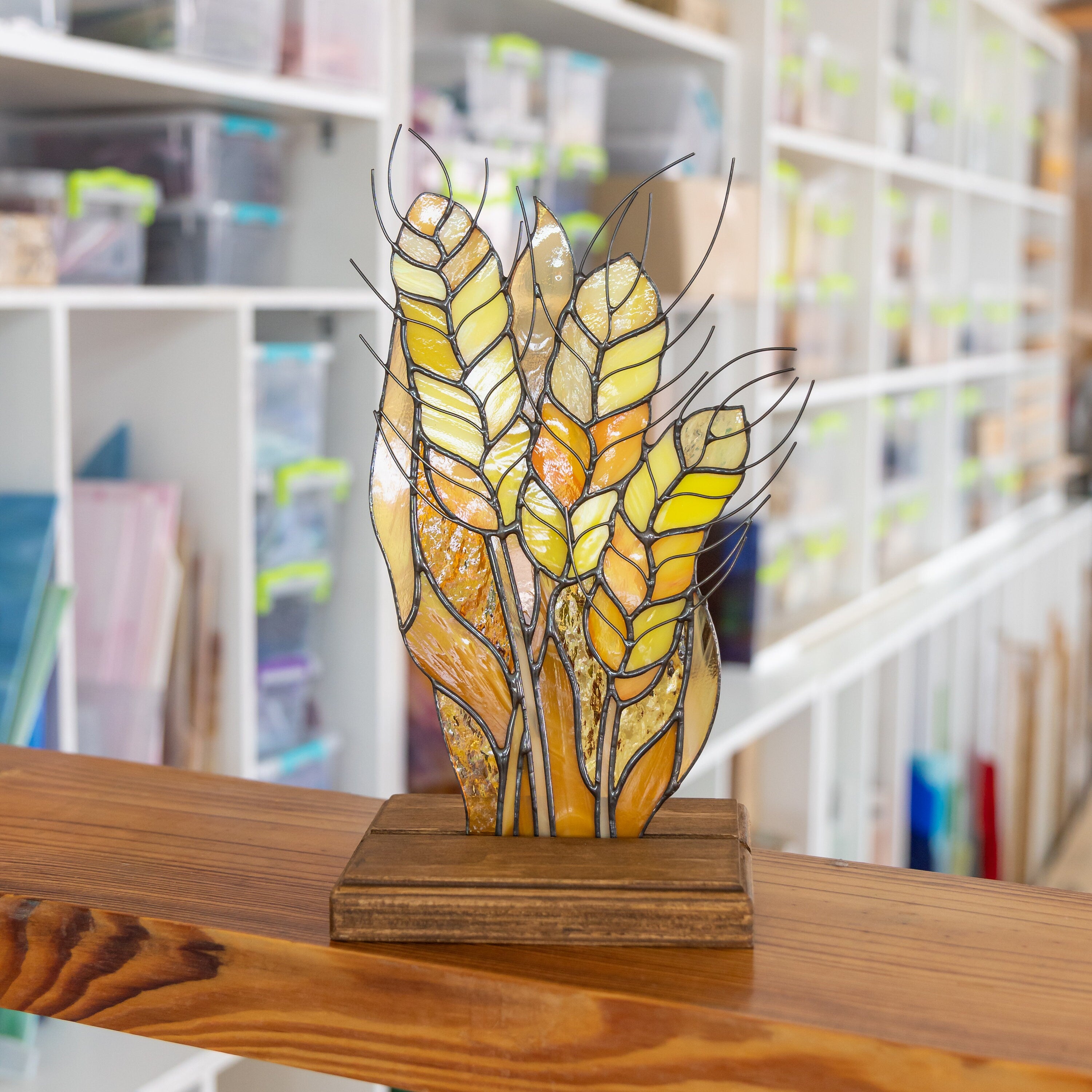 Dried wheat stained glass plant Godfather gift Wood desk accessories Custom stained glass flower panel Ukraine sellers