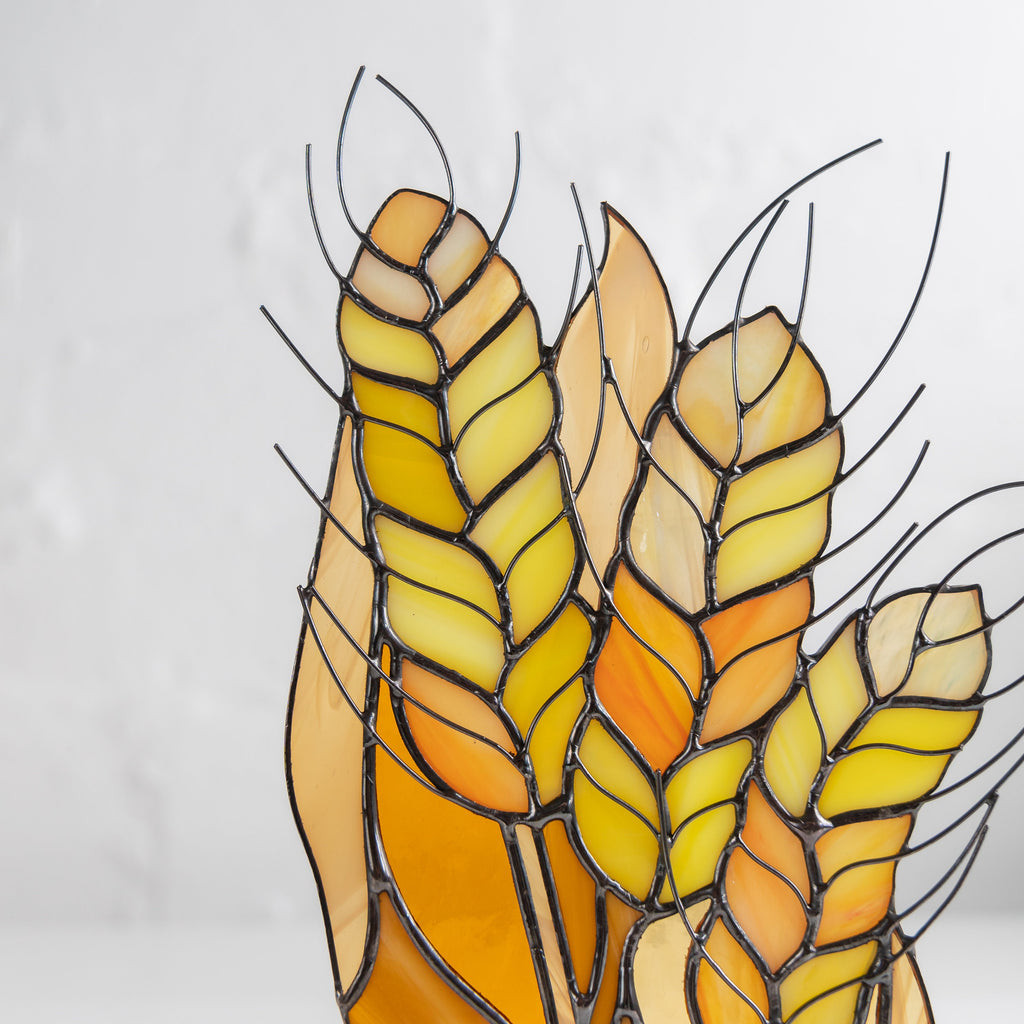 Dried wheat stained glass plant Godfather gift Wood desk accessories Custom stained glass flower panel Ukraine sellers