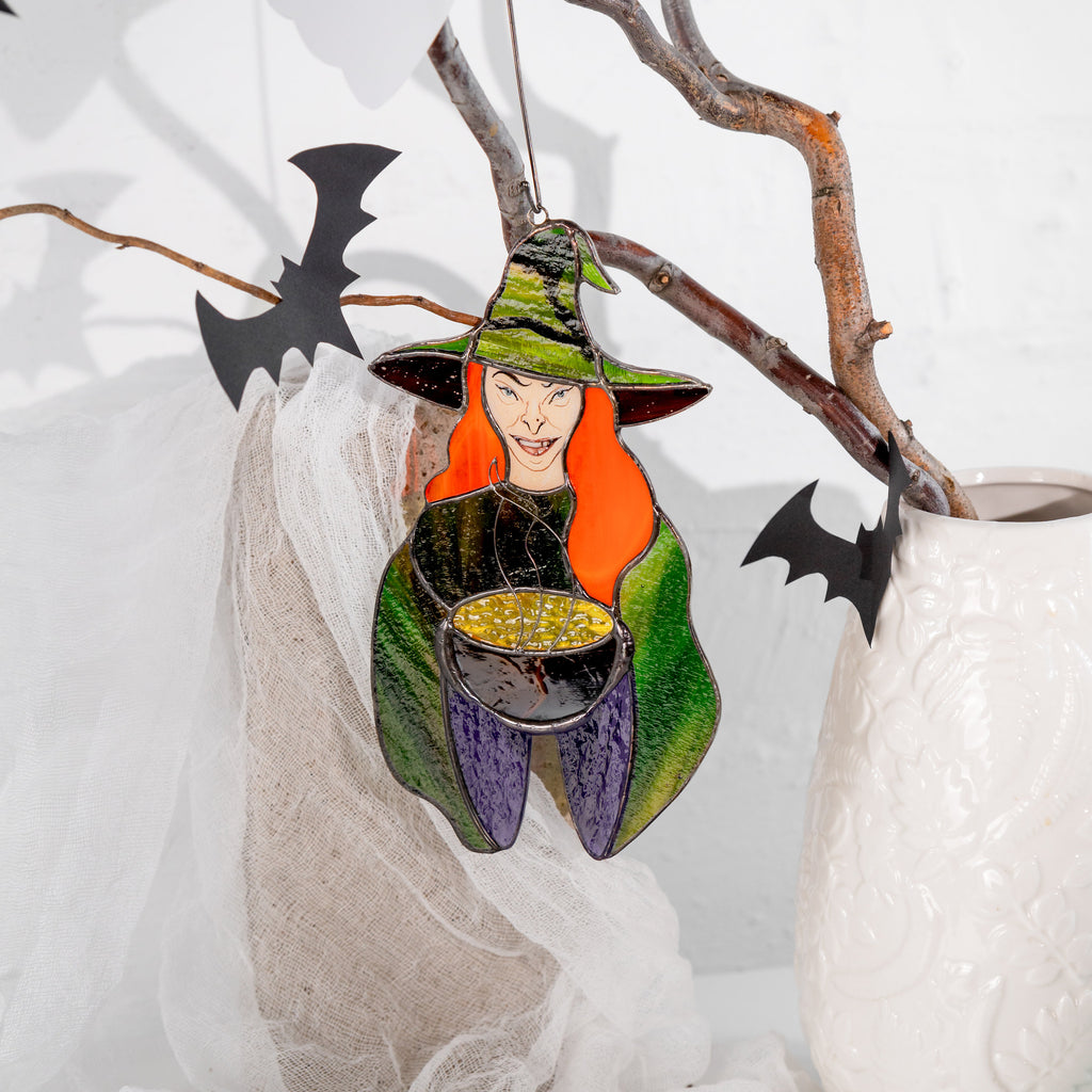 Halloween with stained glass sun catcher Spooky decor Witch gifts stained glass window hangings Hex outdoor fall decorations