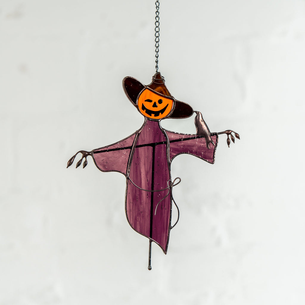 Garden scarecrow stained glass window hangings Raven feathers Custom stained glass cute scarecrow Halloween stained glass scarecrow decor