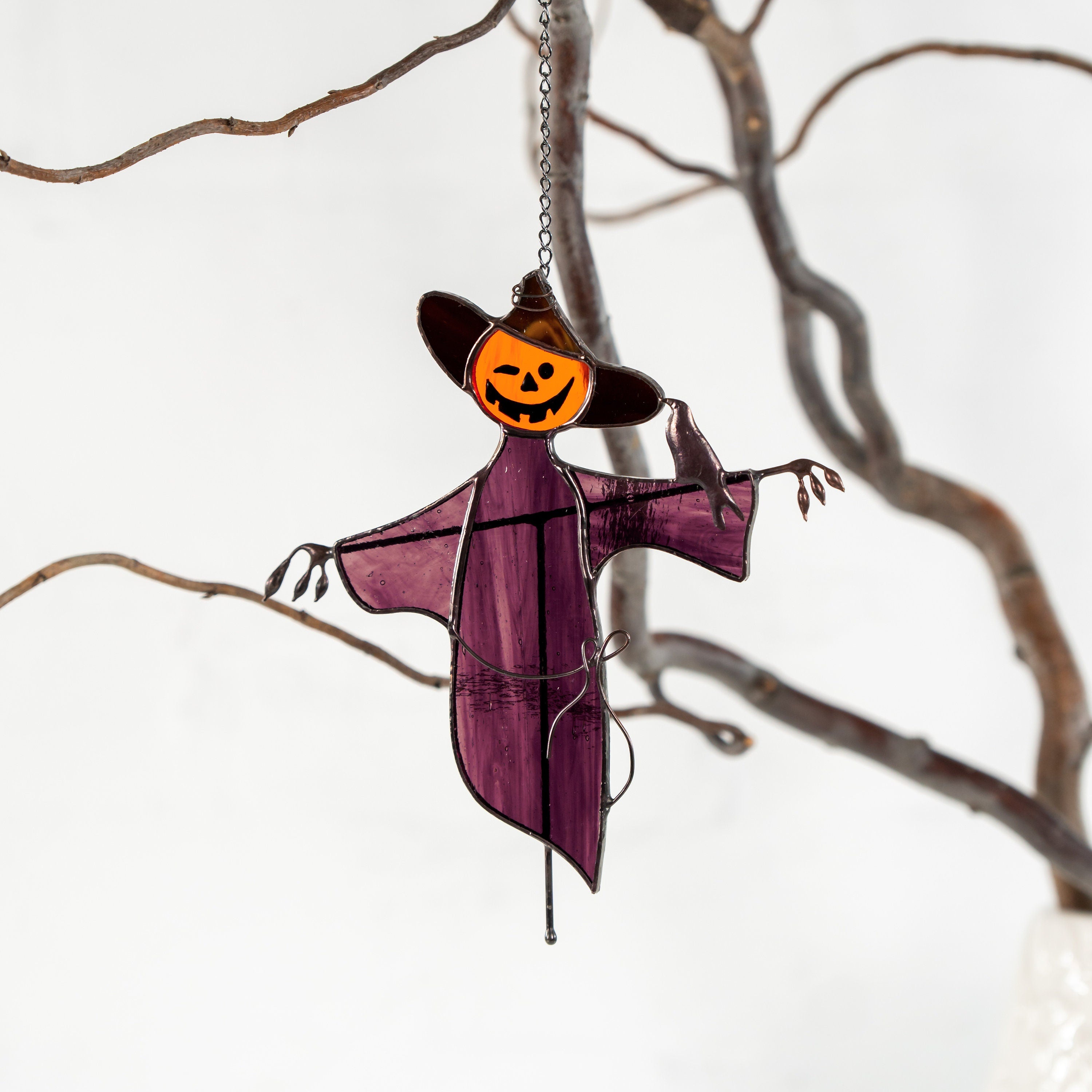 Garden scarecrow stained glass window hangings Raven feathers Custom stained glass cute scarecrow Halloween stained glass scarecrow decor