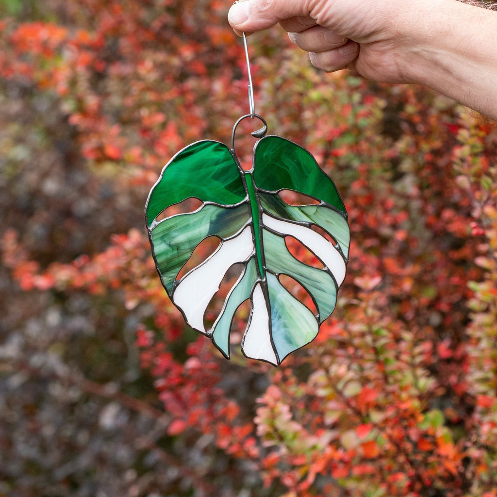 Variegated monstera stained glass plant St Patricks Day Custom stained glass window hangings Grandparent gifts Stained glass suncatcher