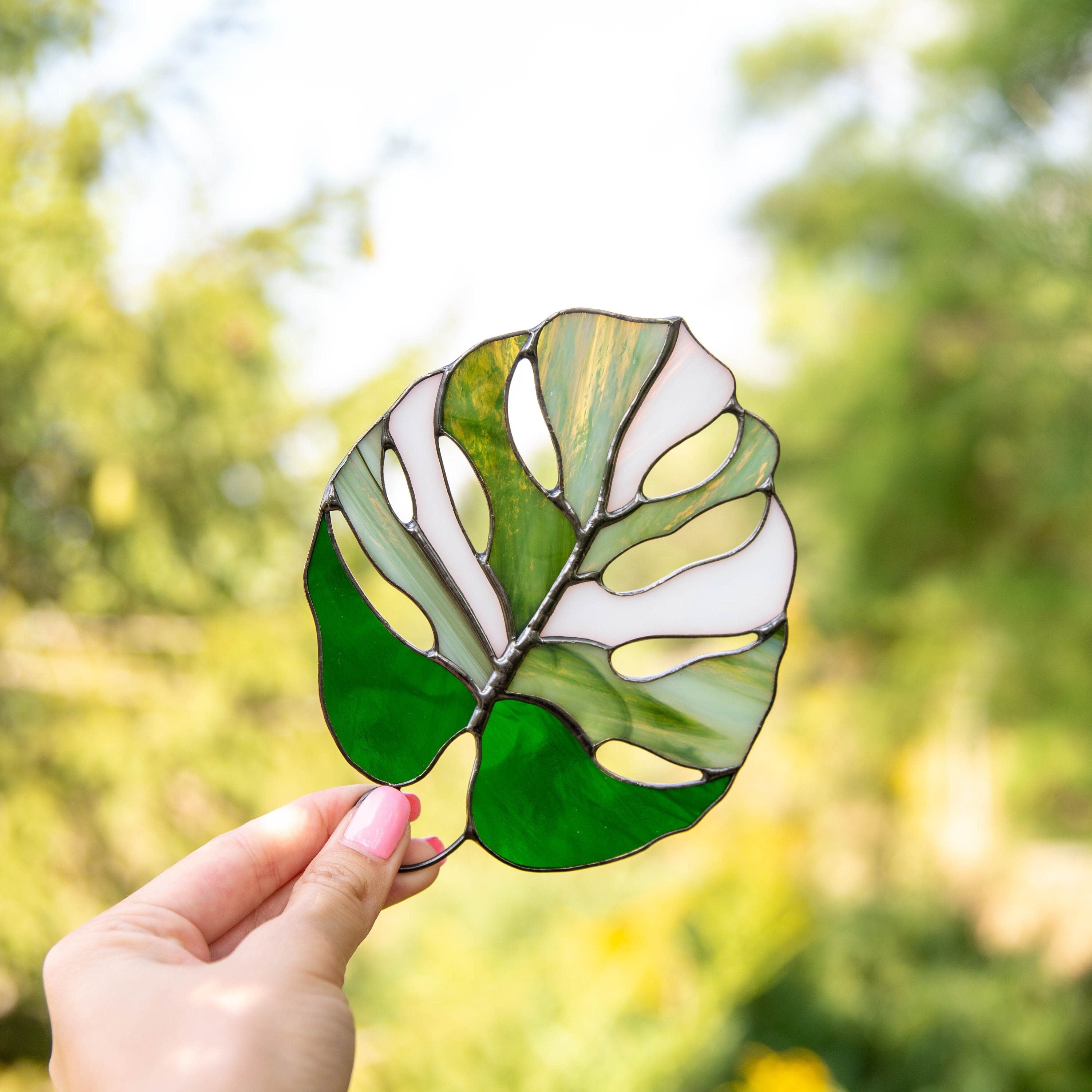 Variegated monstera stained glass plant St Patricks Day Custom stained glass window hangings Grandparent gifts Stained glass suncatcher