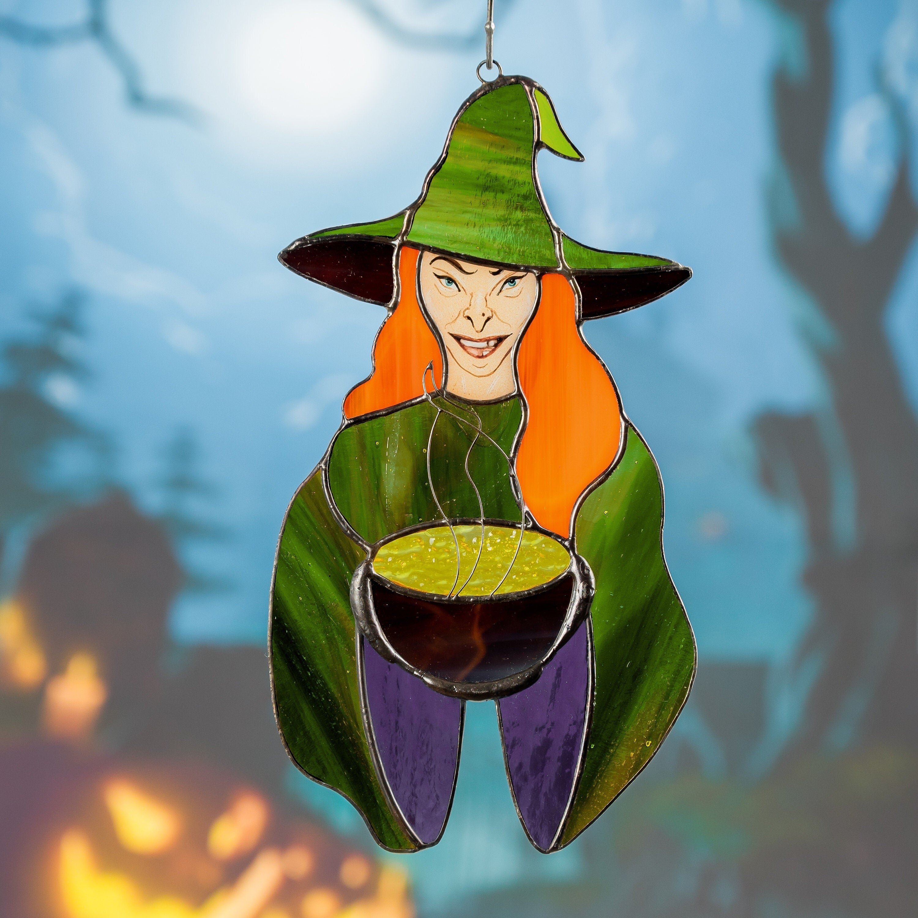 Halloween with stained glass sun catcher Spooky decor Witch gifts stained glass window hangings Hex outdoor fall decorations