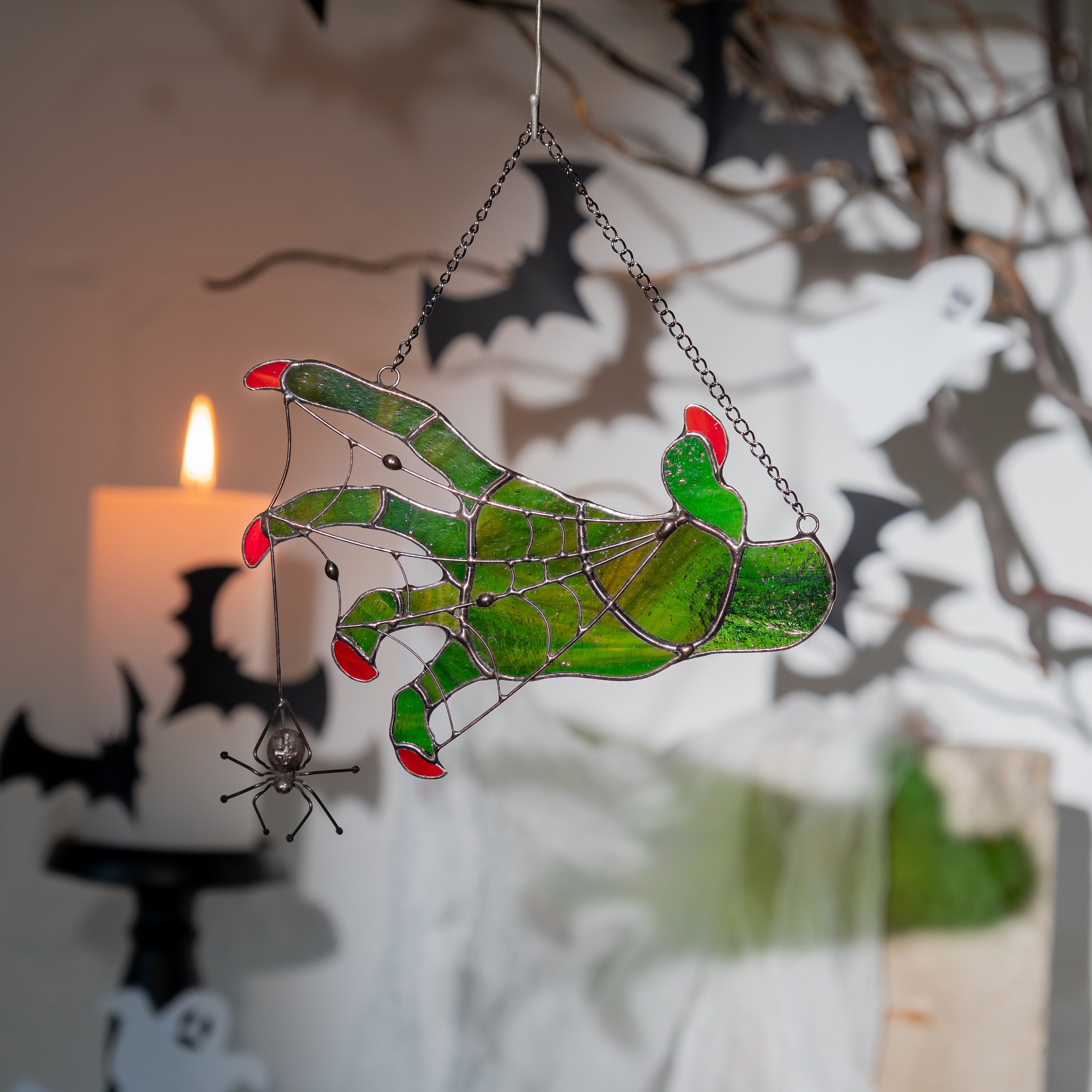 Stained glass witch Halloween gift Custom stained glass horror Halloween stained glass window hangings Glassmasters stained glass art