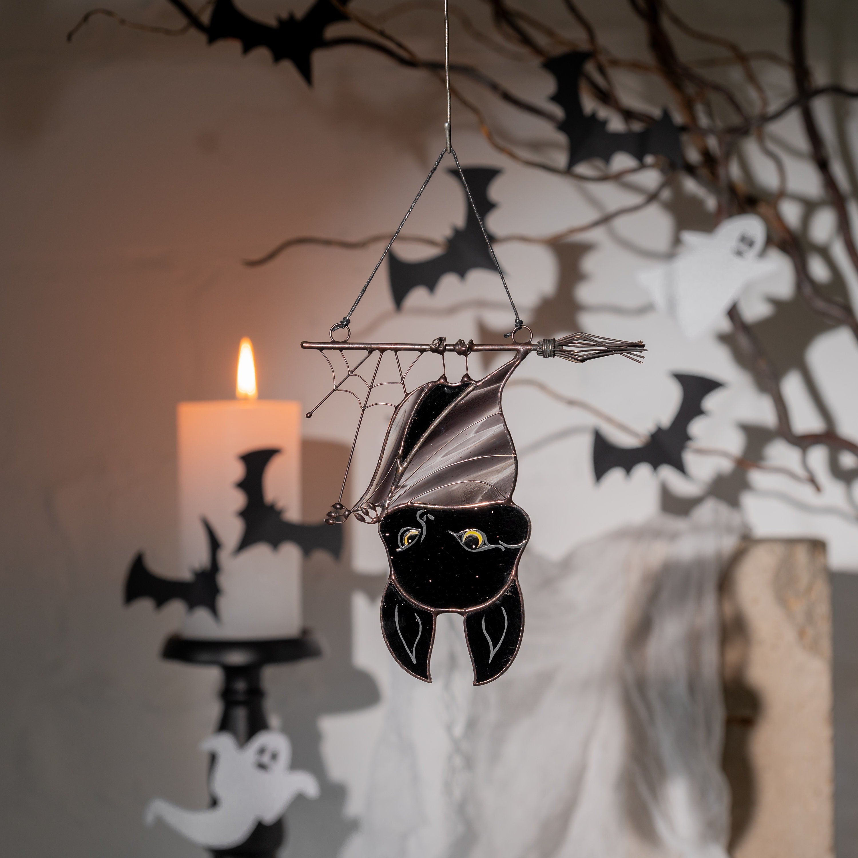 Halloween stained glass bat Halloween artwork Custom stained glass window hangings Web suncatchers Stained glass horror