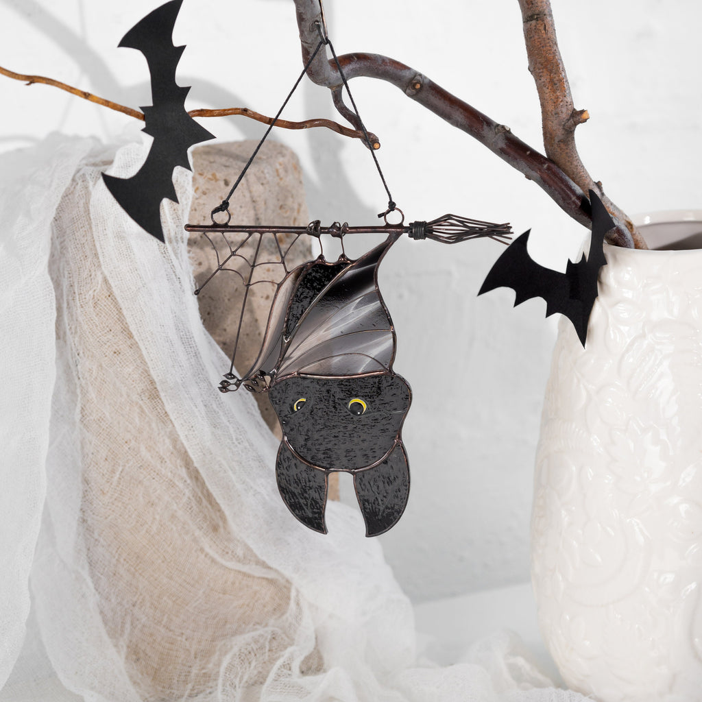 Halloween stained glass bat Halloween artwork Custom stained glass window hangings Web suncatchers Stained glass horror
