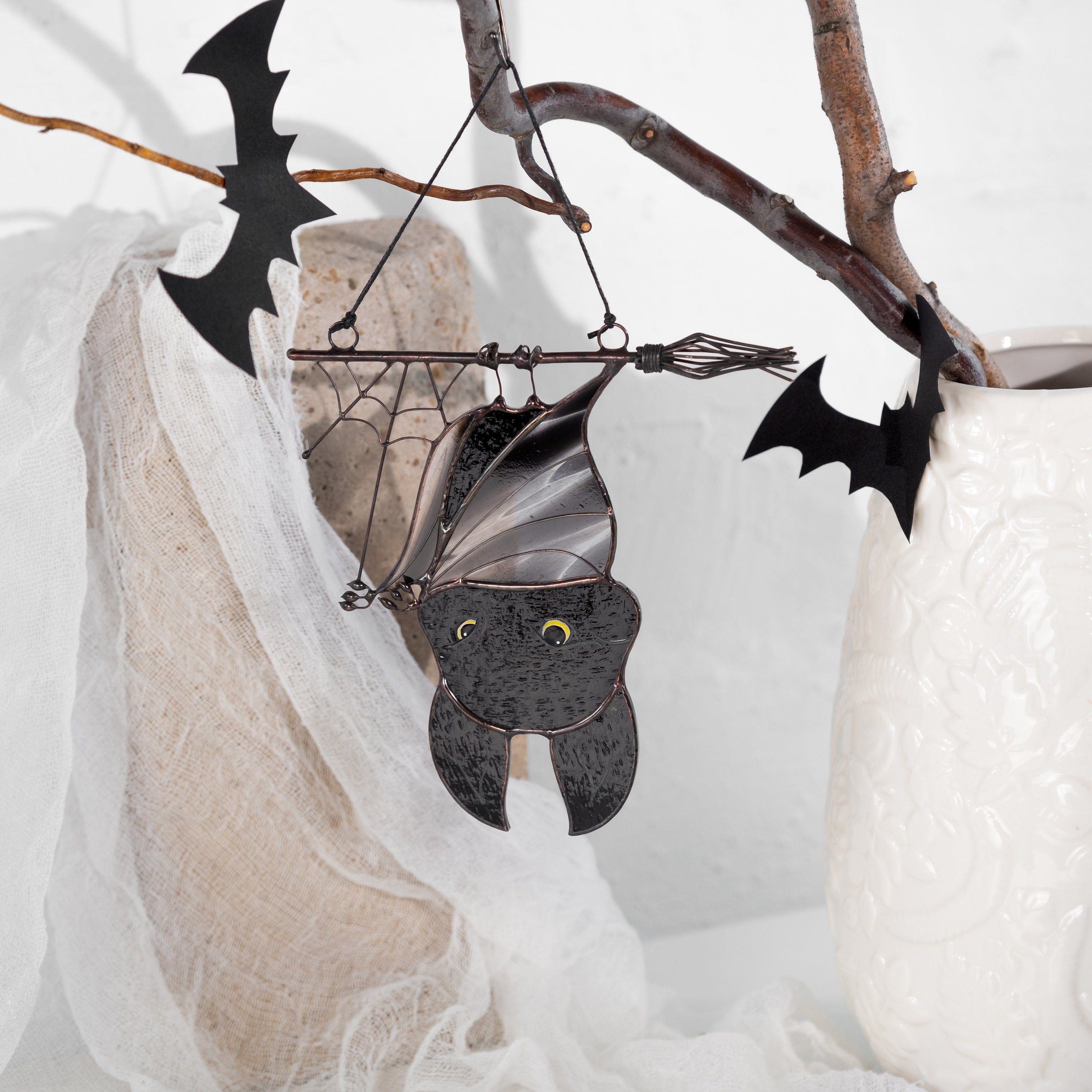 Halloween stained glass bat Halloween artwork Custom stained glass window hangings Web suncatchers Stained glass horror