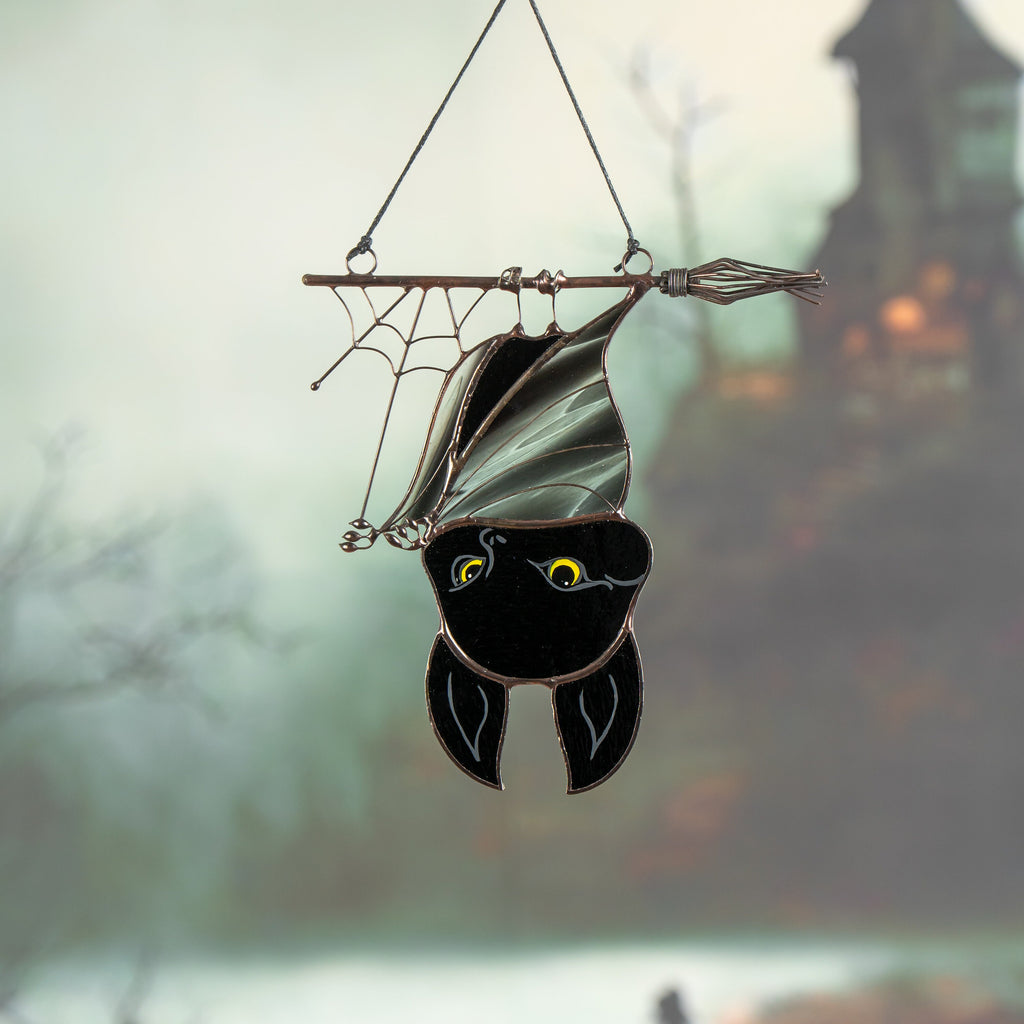 Halloween stained glass bat Halloween artwork Custom stained glass window hangings Web suncatchers Stained glass horror