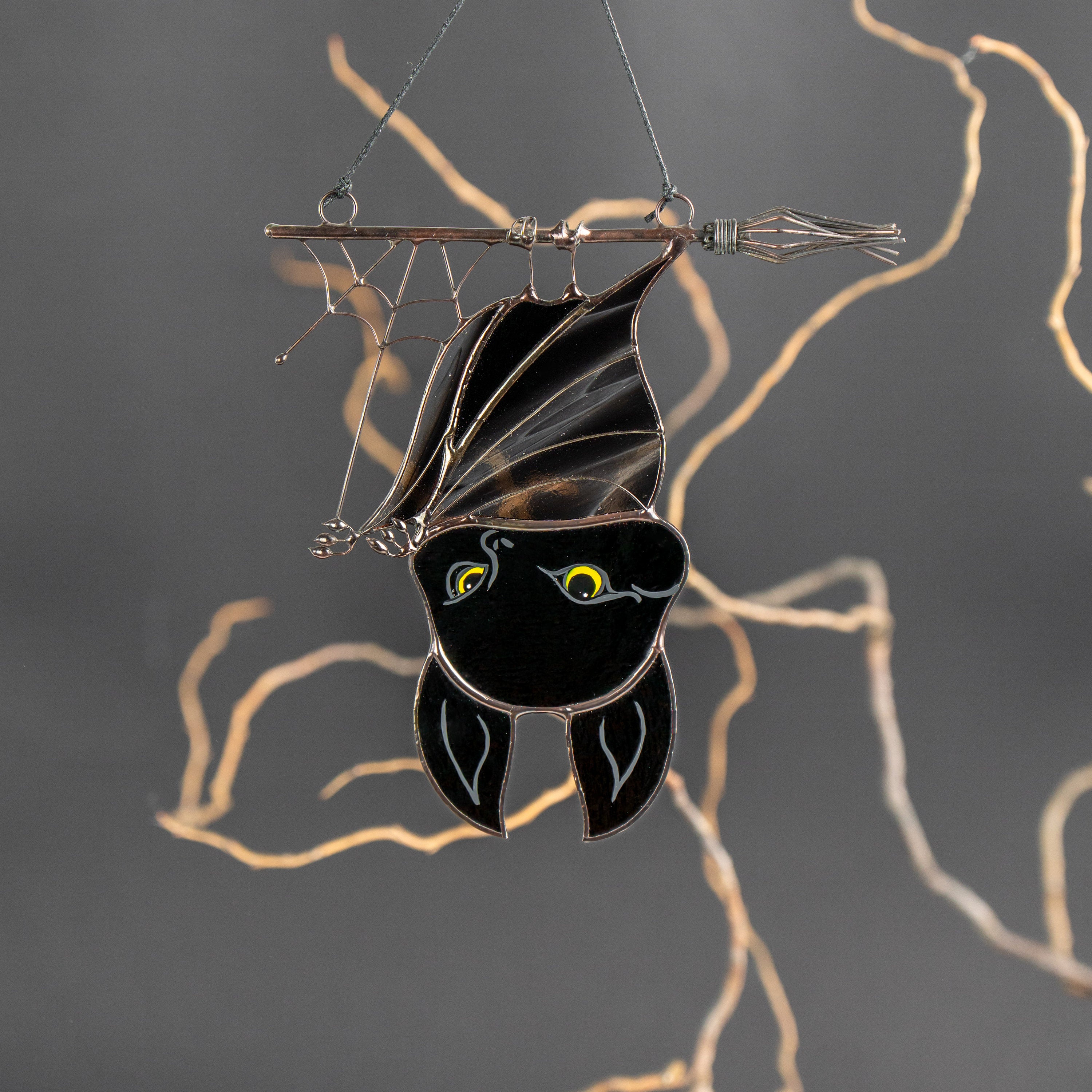 Halloween stained glass bat Halloween artwork Custom stained glass window hangings Web suncatchers Stained glass horror
