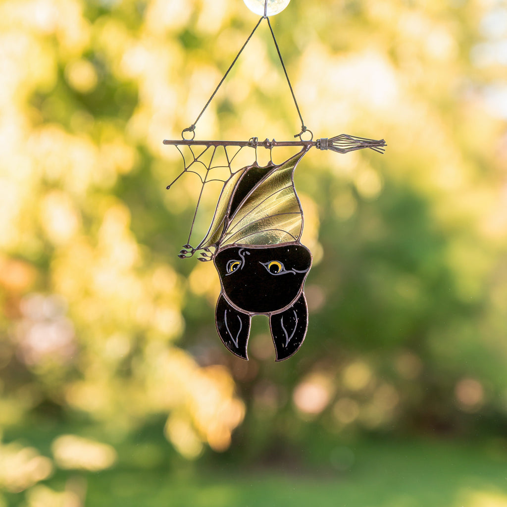 Halloween stained glass bat Halloween artwork Custom stained glass window hangings Web suncatchers Stained glass horror