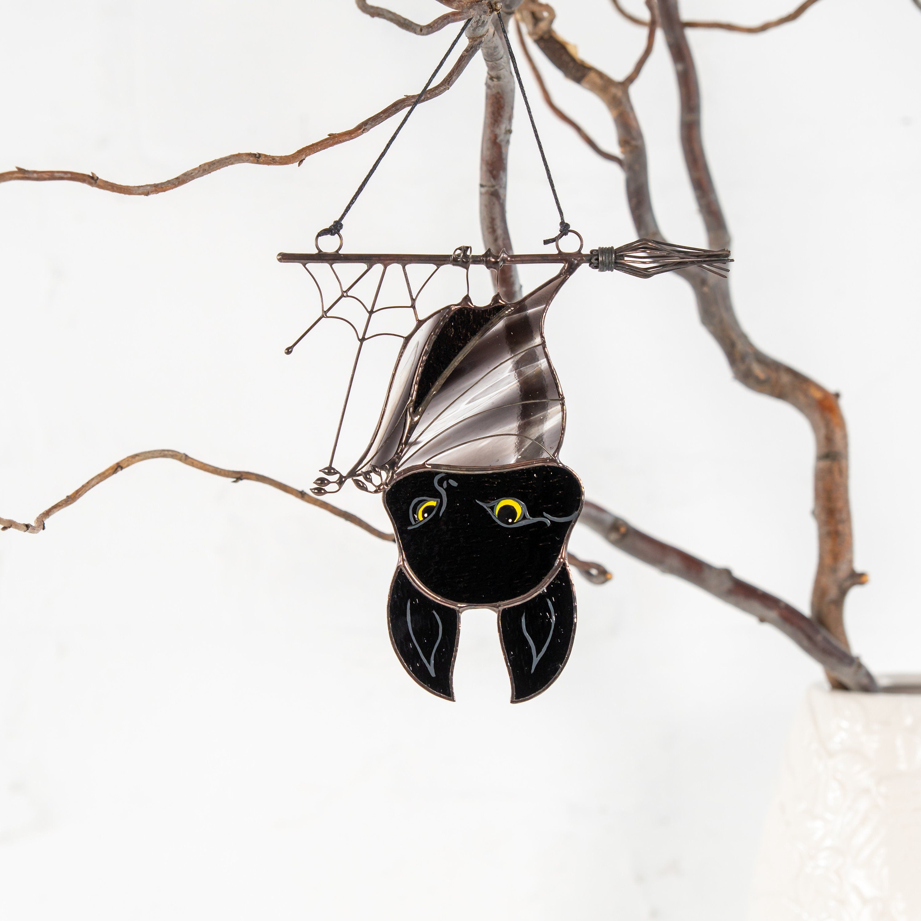 Halloween stained glass bat Halloween artwork Custom stained glass window hangings Web suncatchers Stained glass horror