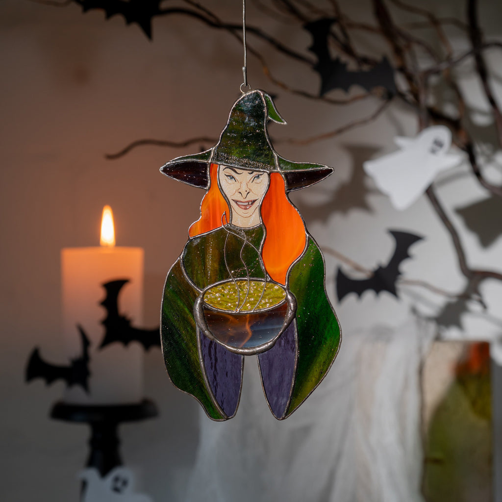 Halloween with stained glass sun catcher Spooky decor Witch gifts stained glass window hangings Hex outdoor fall decorations