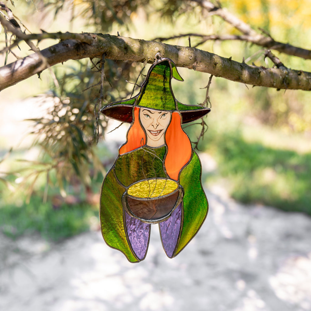Halloween with stained glass sun catcher Spooky decor Witch gifts stained glass window hangings Hex outdoor fall decorations