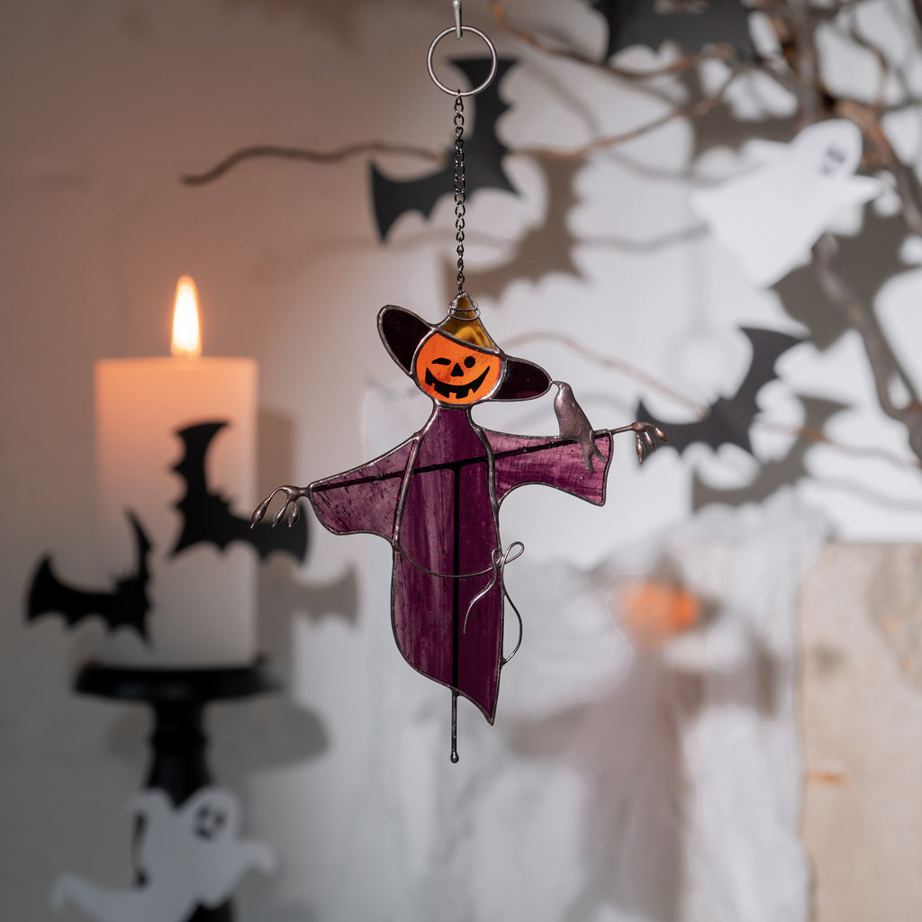 Garden scarecrow stained glass window hangings Raven feathers Custom stained glass cute scarecrow Halloween stained glass scarecrow decor