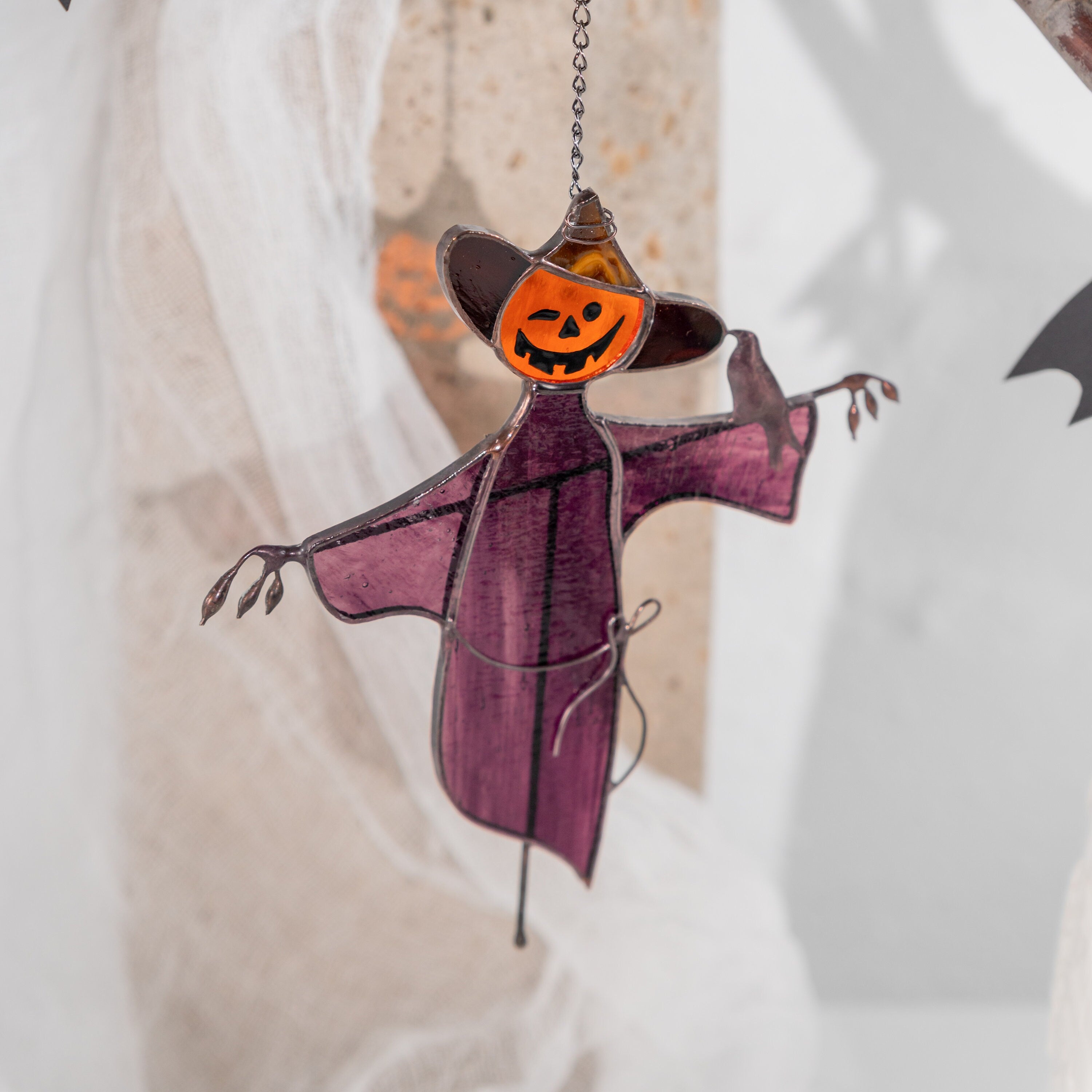 Garden scarecrow stained glass window hangings Raven feathers Custom stained glass cute scarecrow Halloween stained glass scarecrow decor