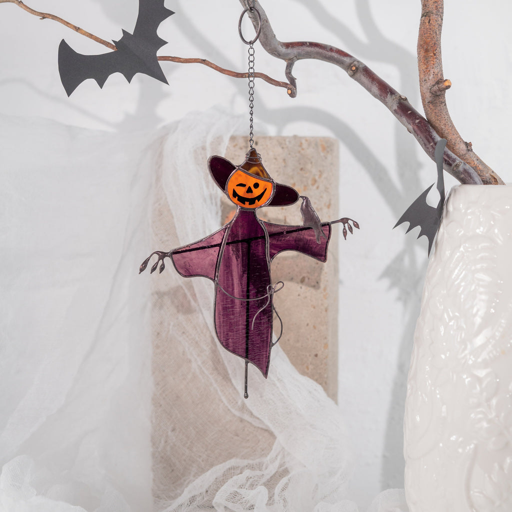 Garden scarecrow stained glass window hangings Raven feathers Custom stained glass cute scarecrow Halloween stained glass scarecrow decor