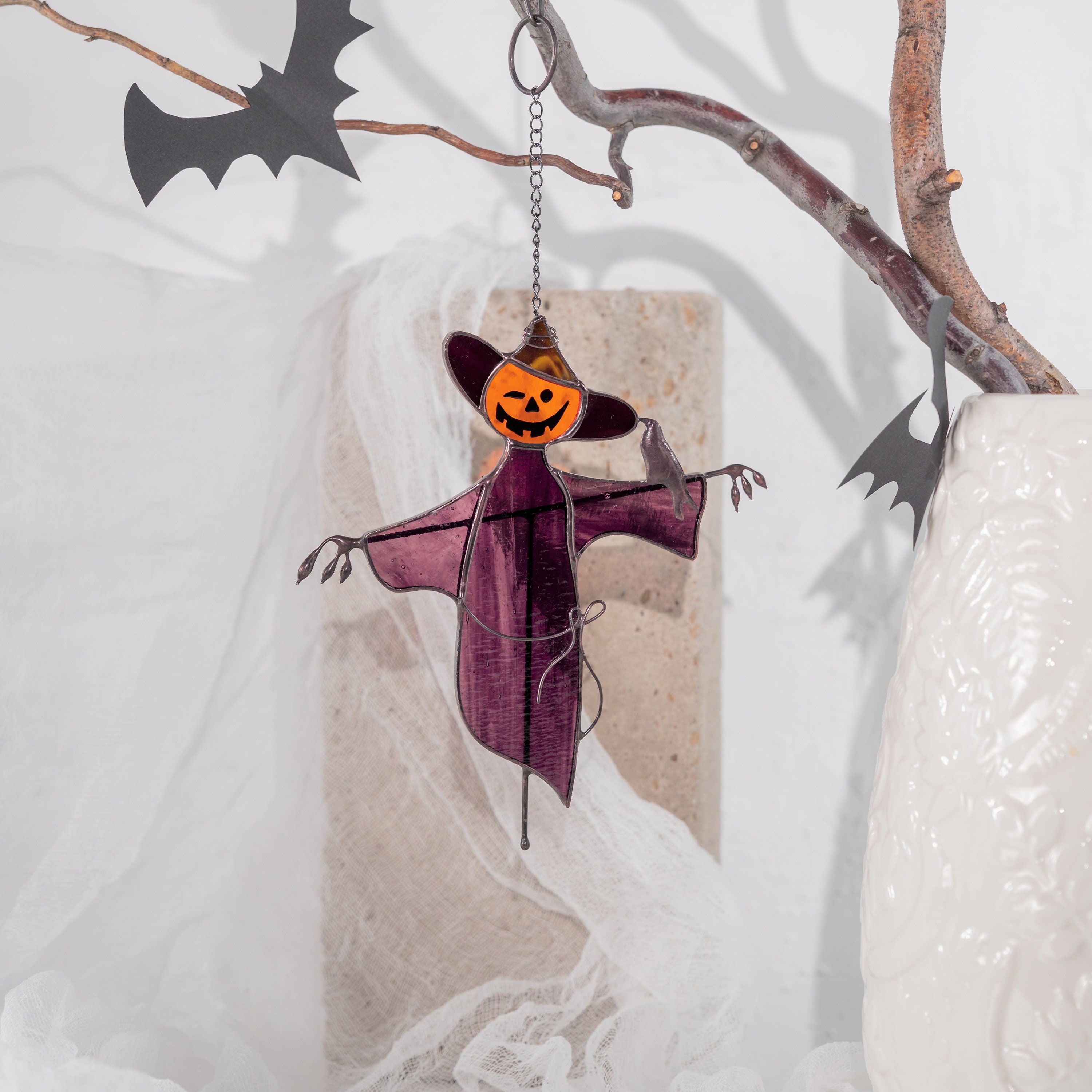 Garden scarecrow stained glass window hangings Raven feathers Custom stained glass cute scarecrow Halloween stained glass scarecrow decor