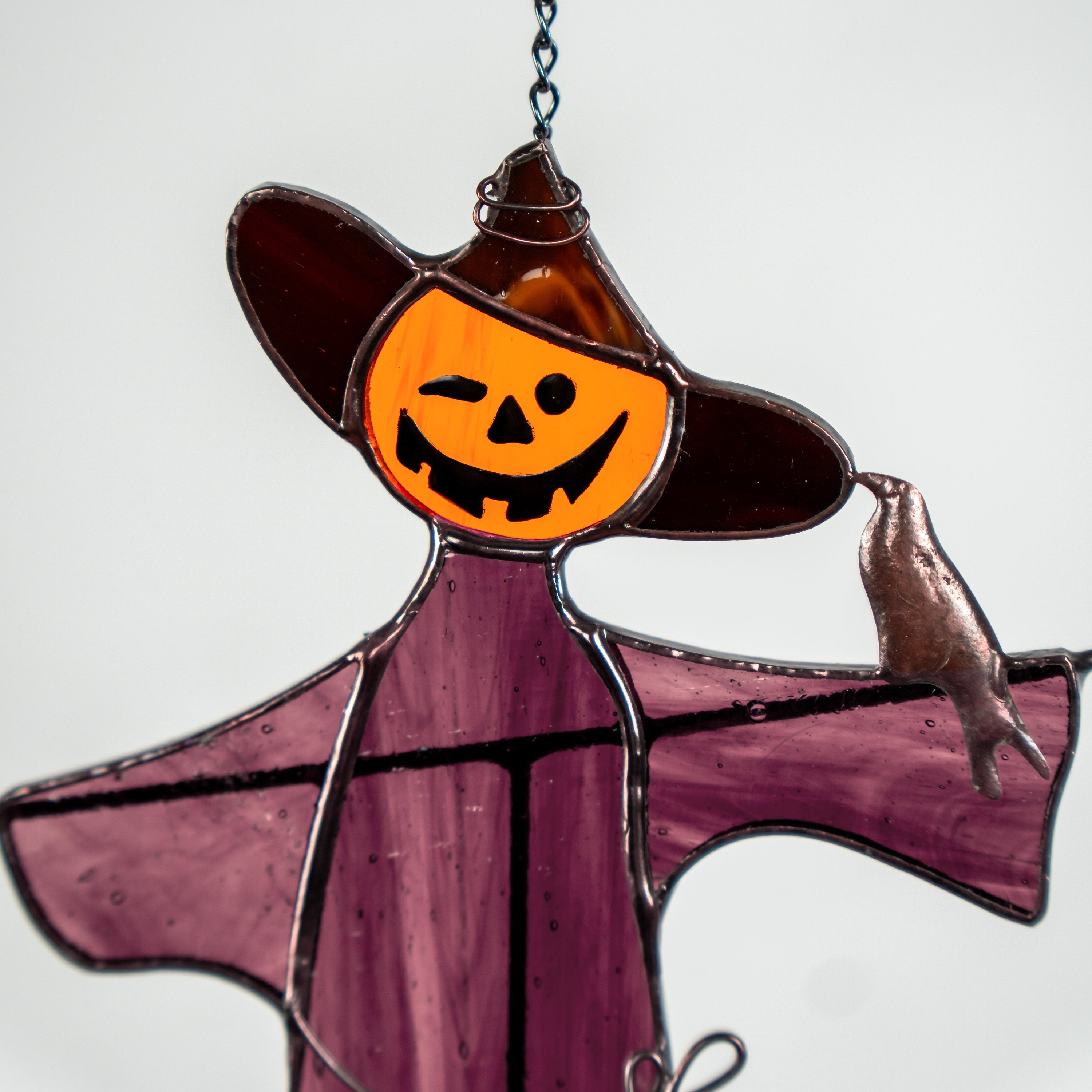 Garden scarecrow stained glass window hangings Raven feathers Custom stained glass cute scarecrow Halloween stained glass scarecrow decor