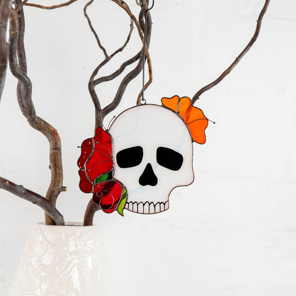 Skull stained glass Halloween suncatcher Autumn style gift Halloween decor indoor stained glass window hangings Skeleton autumn decor