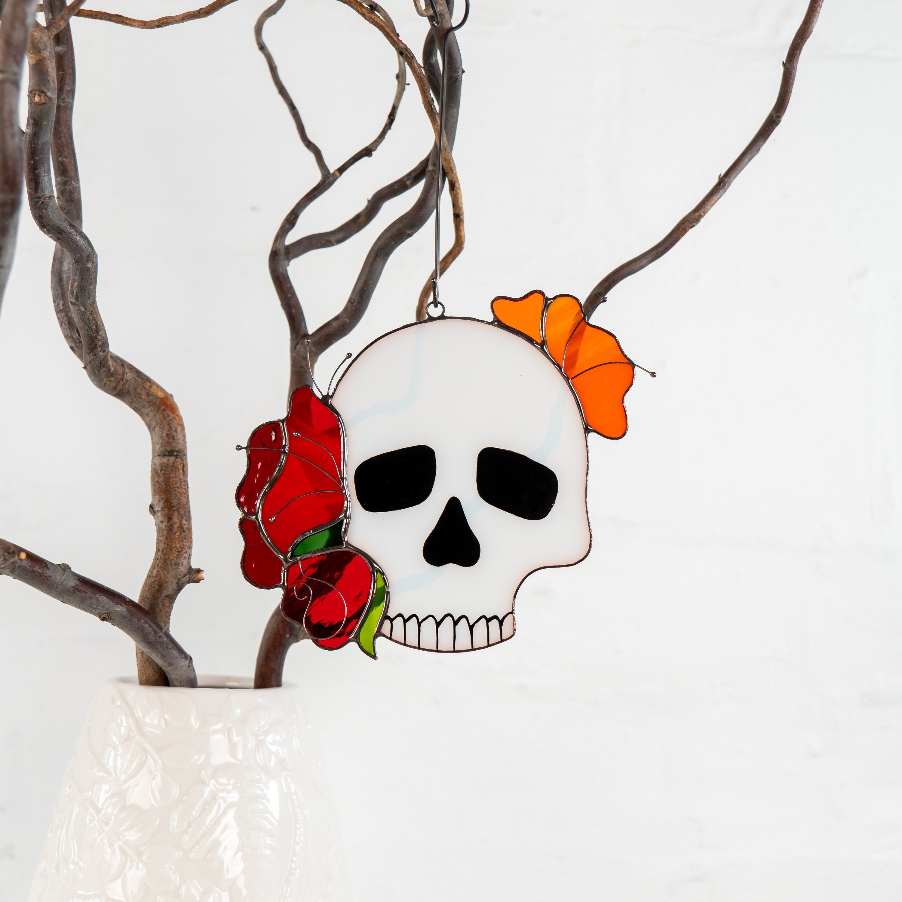 Skull stained glass Halloween suncatcher Autumn style gift Halloween decor indoor stained glass window hangings Skeleton autumn decor