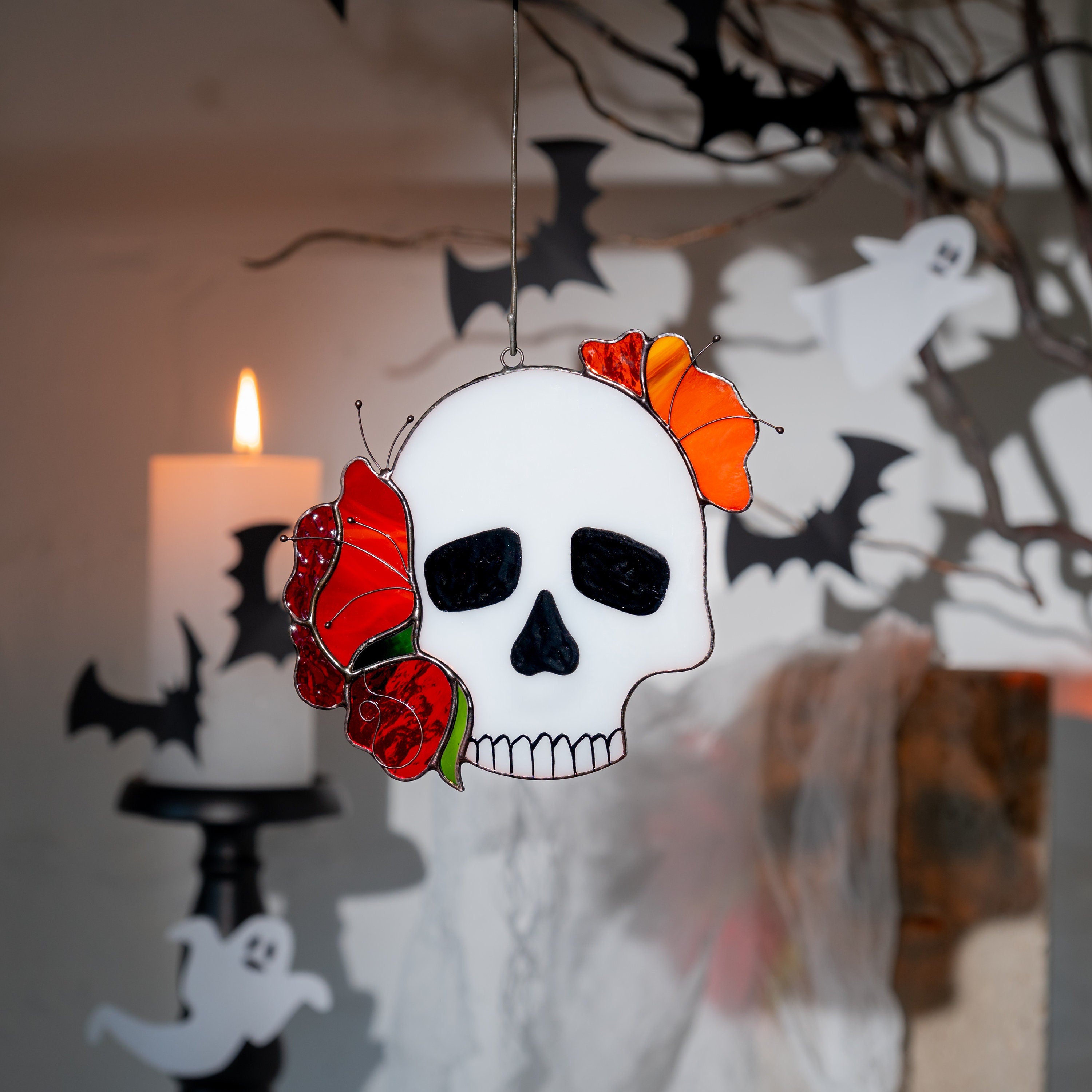 Skull stained glass Halloween suncatcher Autumn style gift Halloween decor indoor stained glass window hangings Skeleton autumn decor